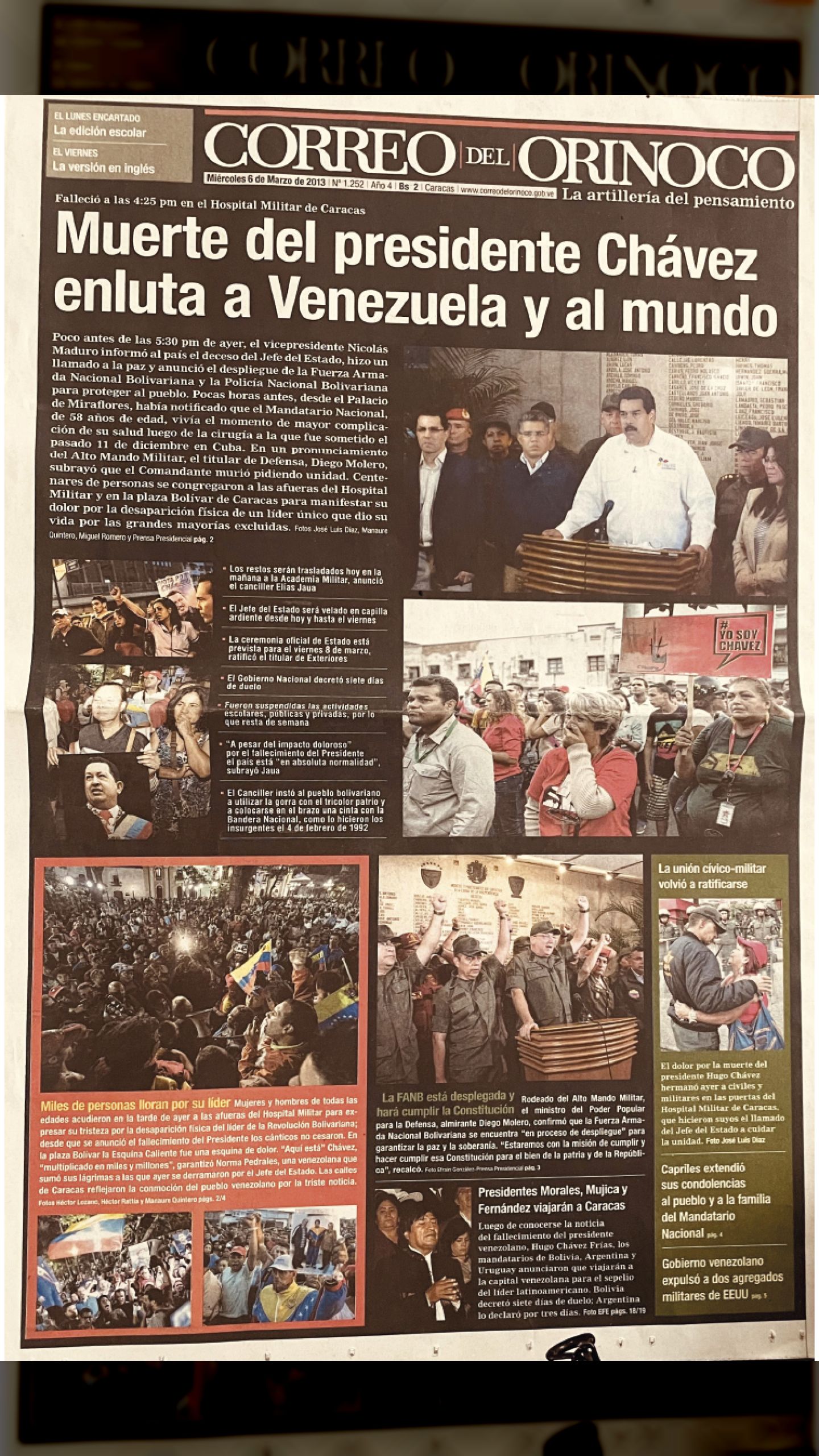 LUTO NACIONAL E INTERNACIOAL (CORREO DEL ORINOCO Miércoles, 6 de marzo 2013)