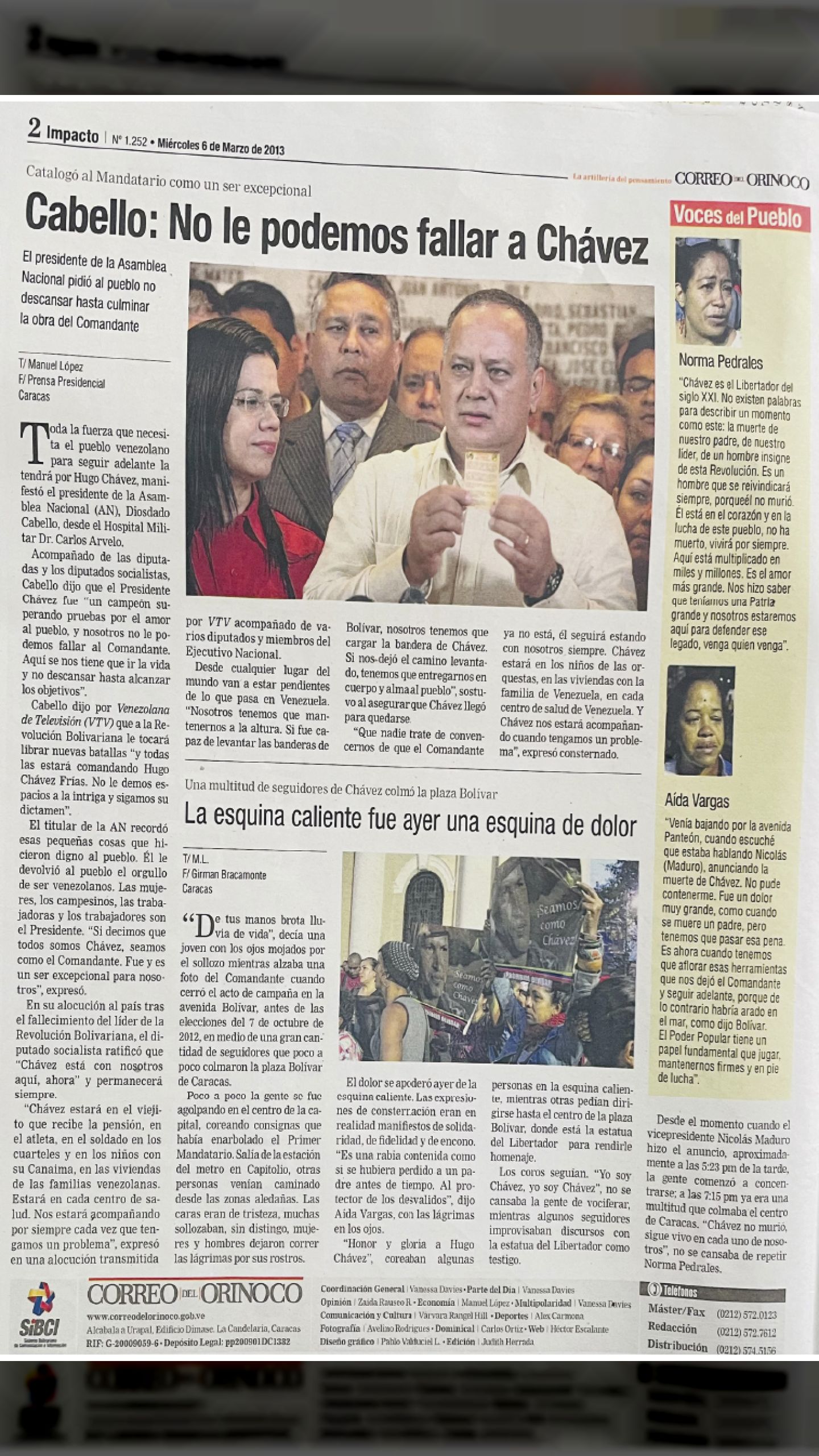 Cabello: No le podemos fallar a Chávez (CORREO DEL ORINOCO, 6 de marzo 2013)