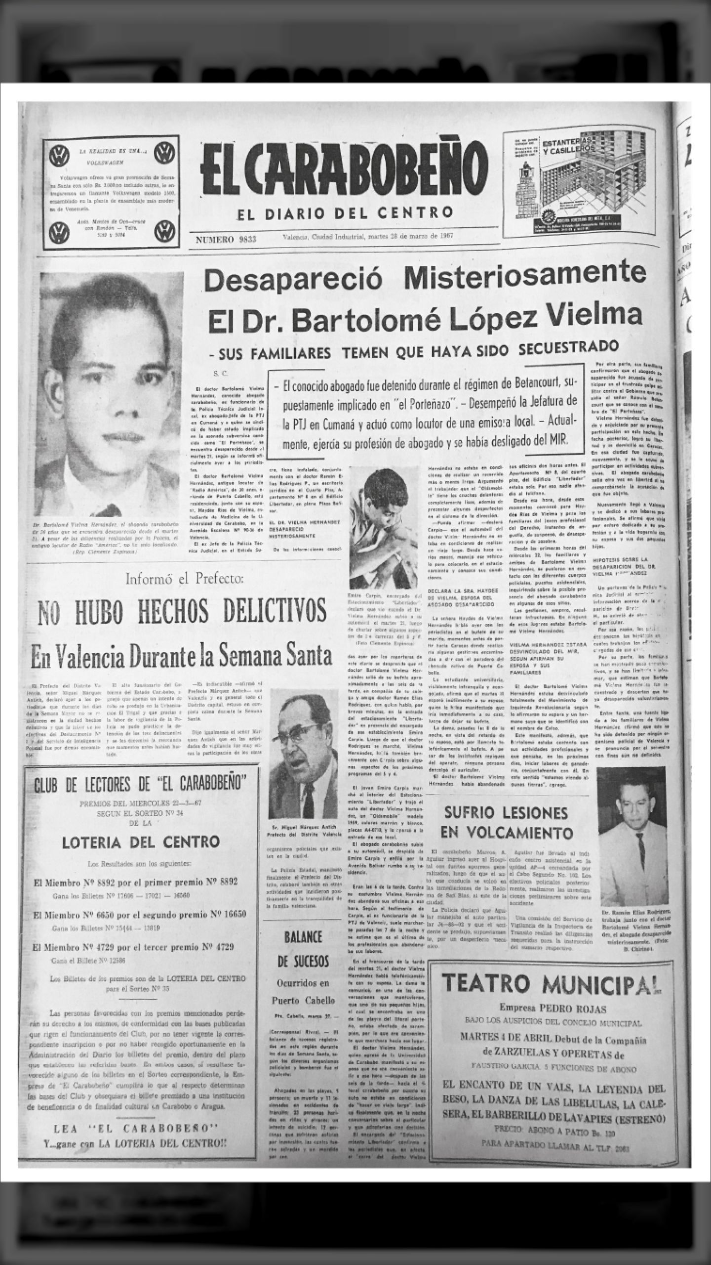 DESAPARECIDO EL DIRIGENTE DEL MIR BARTOLOMÉ VIELMA HERNÁNDEZ (El Carabobeño, 28 de marzo 1967)