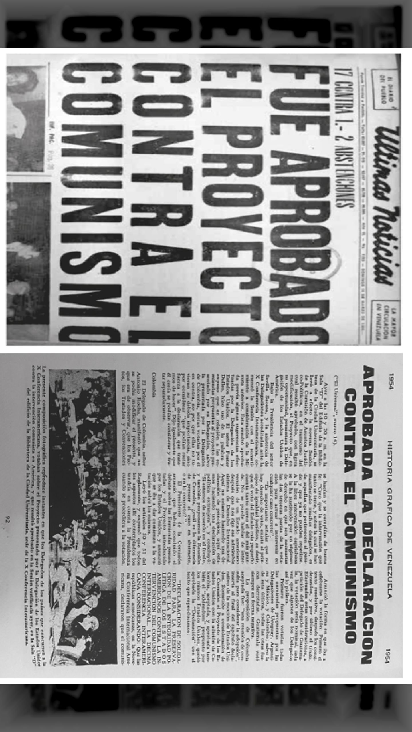FUE APROBADO PROYECTO CONTRA EL COMUNISMO (Últimas Noticias, 14 de marzo 1954)