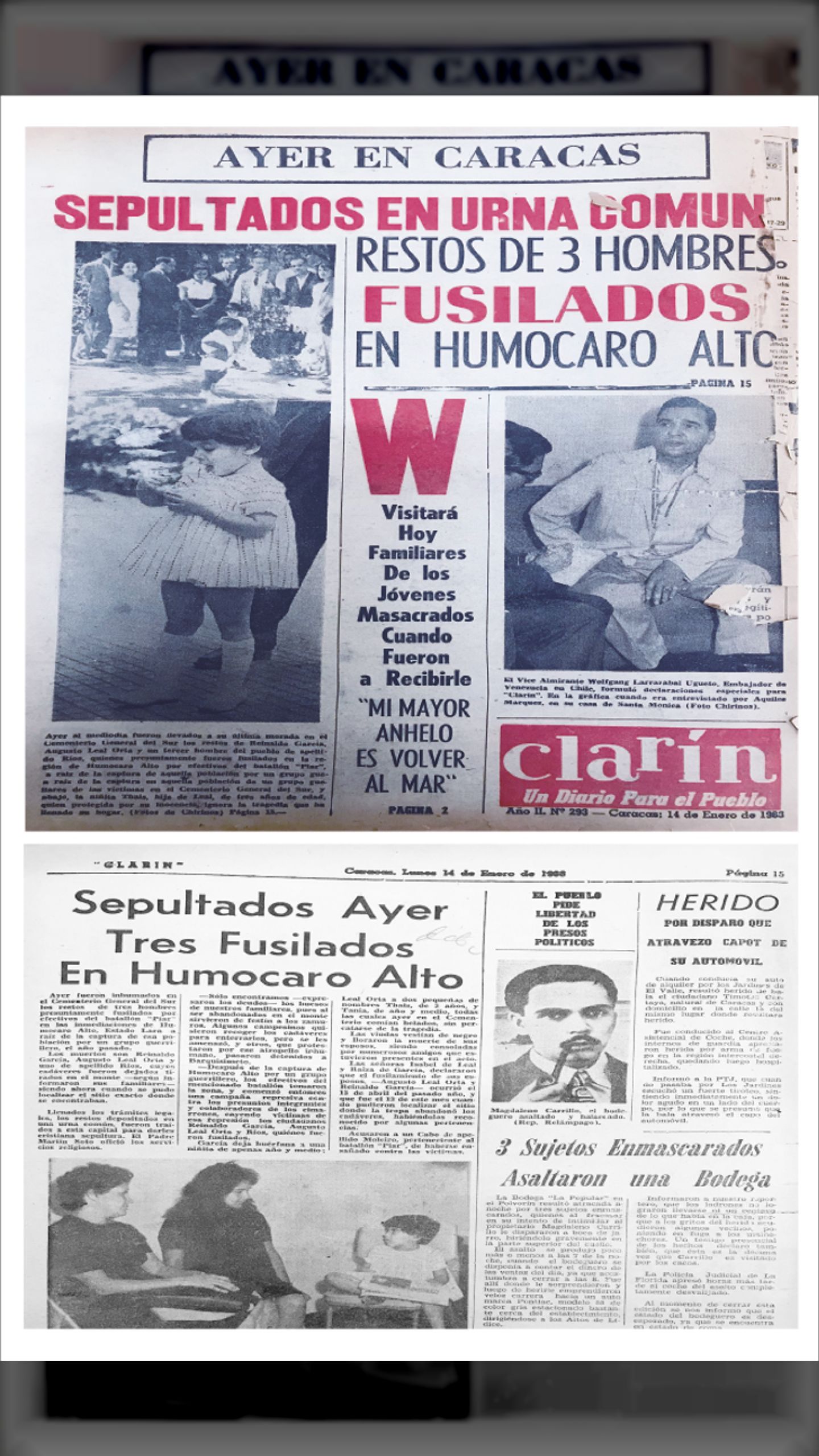SEPULTADOS EN URNA COMÚN RESTOS DE 3 HOMBRES FUSILADOS EN HUMOCARO ALTO (Diario el Clarín, 14 de enero de 1963)