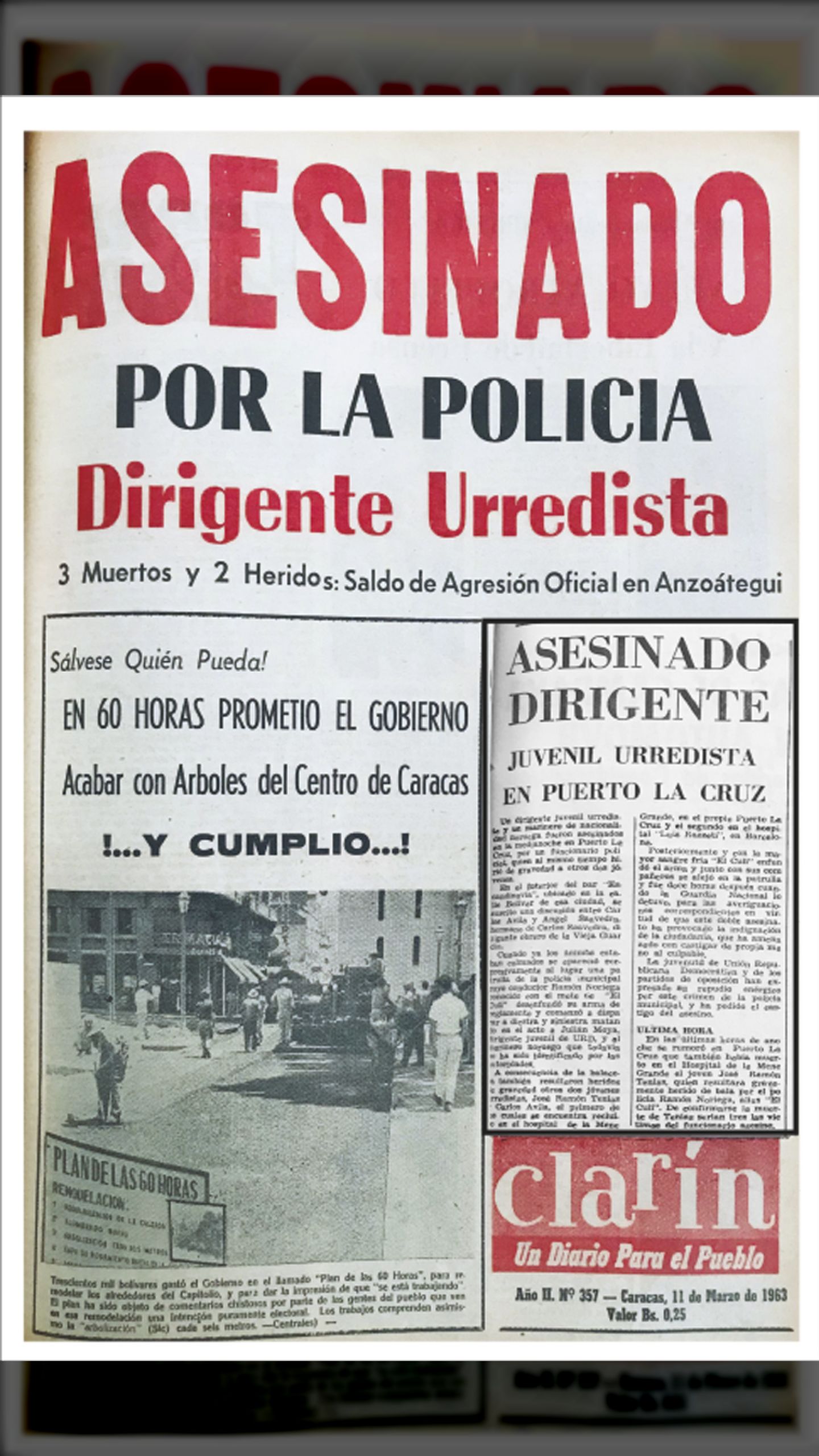 ASESINADO POR LA POLICIA DIRIGENTE URREDISTA (Clarín, 11 de marzo de 1963)