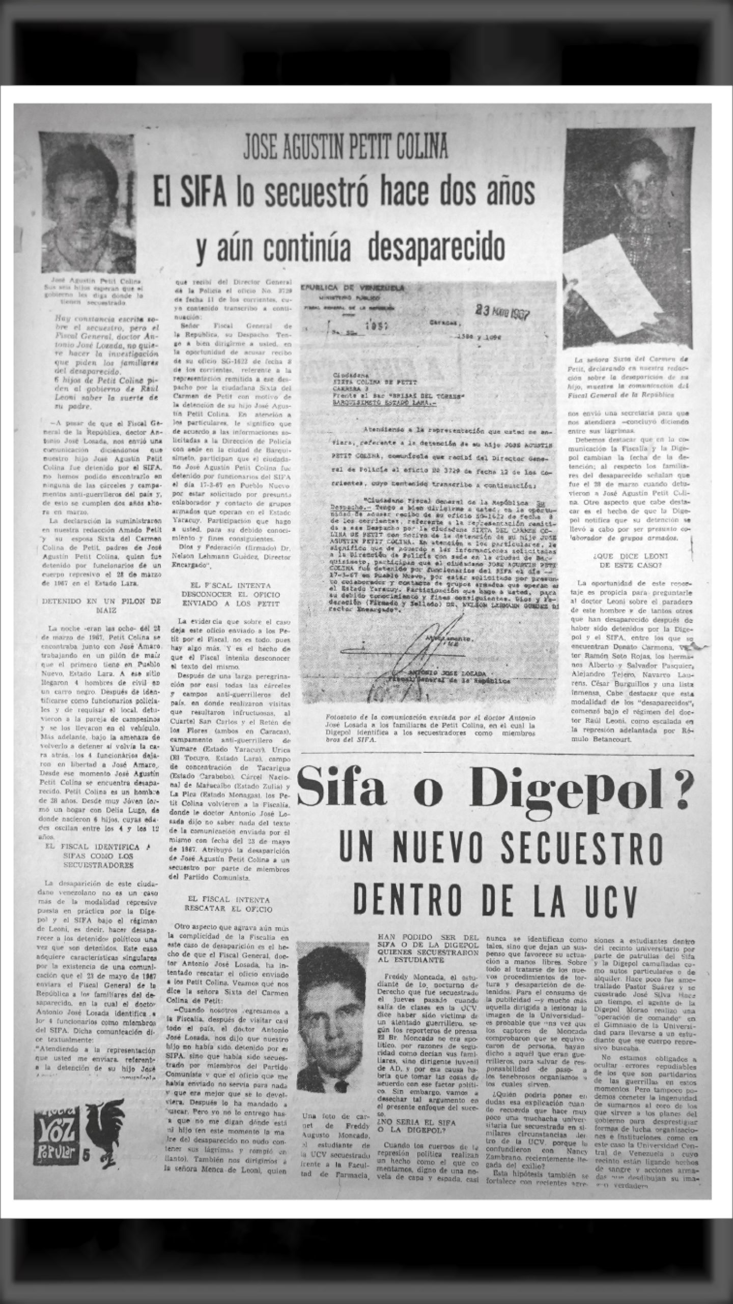 JOSÉ AGUSTÍN PETIT COLINA, EL SIFA LO SECUESTRO HACE DOS AÑOS Y AÚN CONTINÚA DESAPARECIDO (Nueva Voz Popular, 25 de febrero de 1969- nro. 35)
