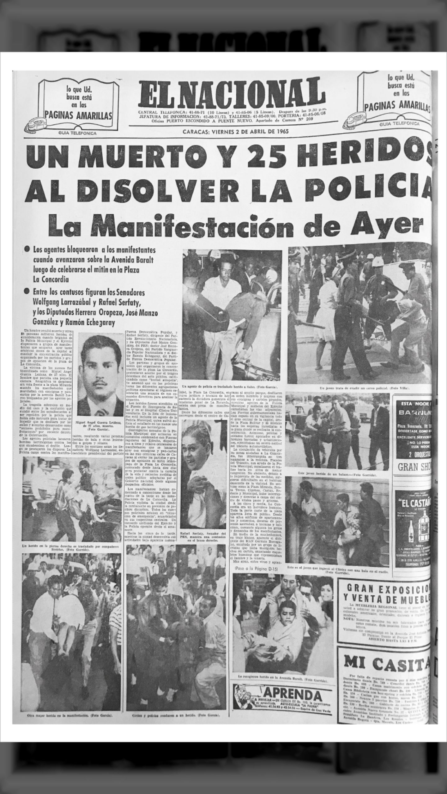 ASESINADO MIGUEL ÁNGEL GUERRA LEIDENZ (El Nacional y La Esfera, 2 de abril 1965)