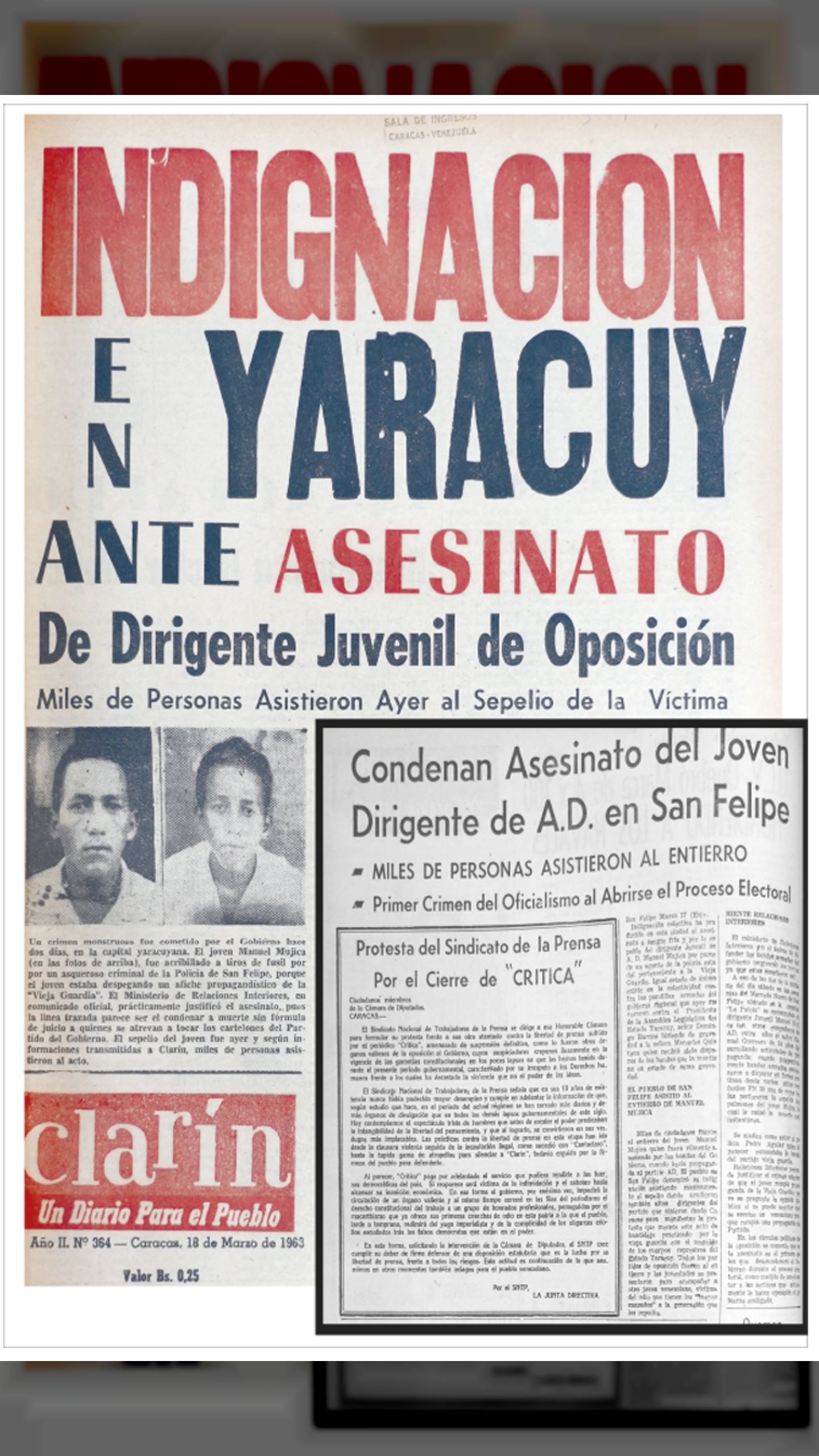 INDIGNACIÓN EN YARACUY ANTE ASESINATO DE DIRIGENTE JUVENIL DE OPOSICIÓN (Clarín, 18 de marzo 1963)