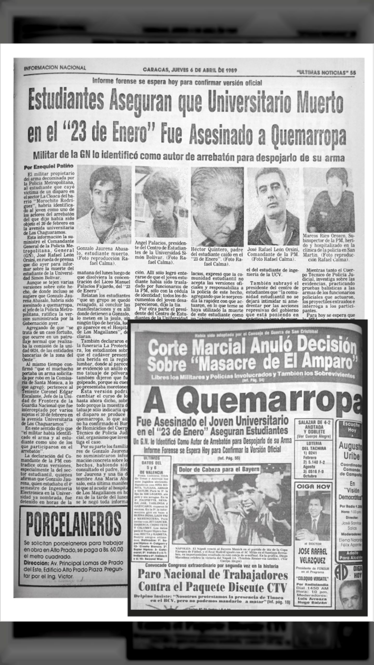 GONZÁLO JAURENA ABASALO FUE ASESINADO A QUEMARROPA (Últimas Noticias, 6 de abril 1989)