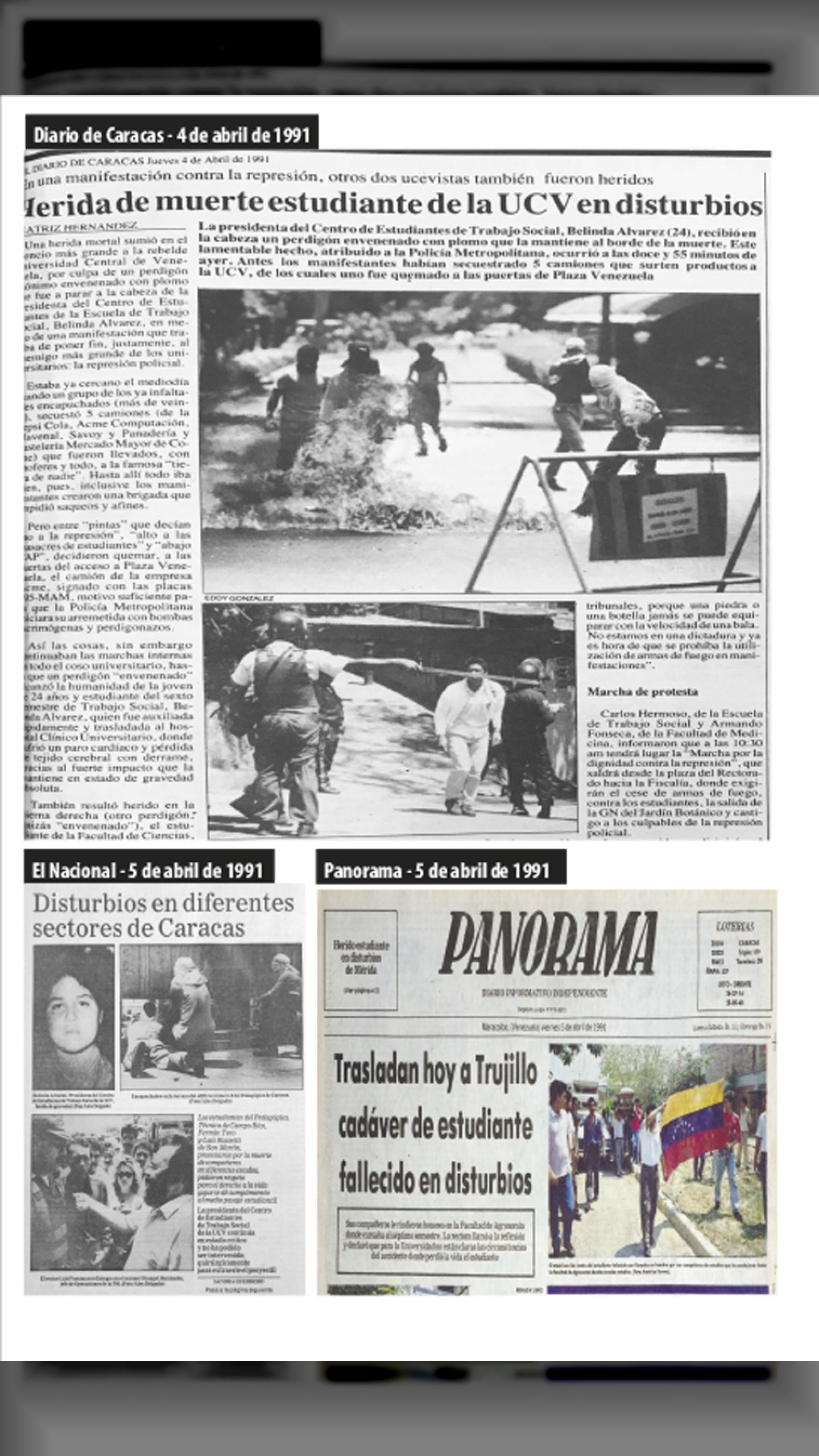 LA PM DE ANTONIO LEDEZMA OCASIONA LA MUERTE DE BELINDA ÁLVAREZ (El Nacional, Diario de Caracas y Panorama, 04 de abril de 1991)