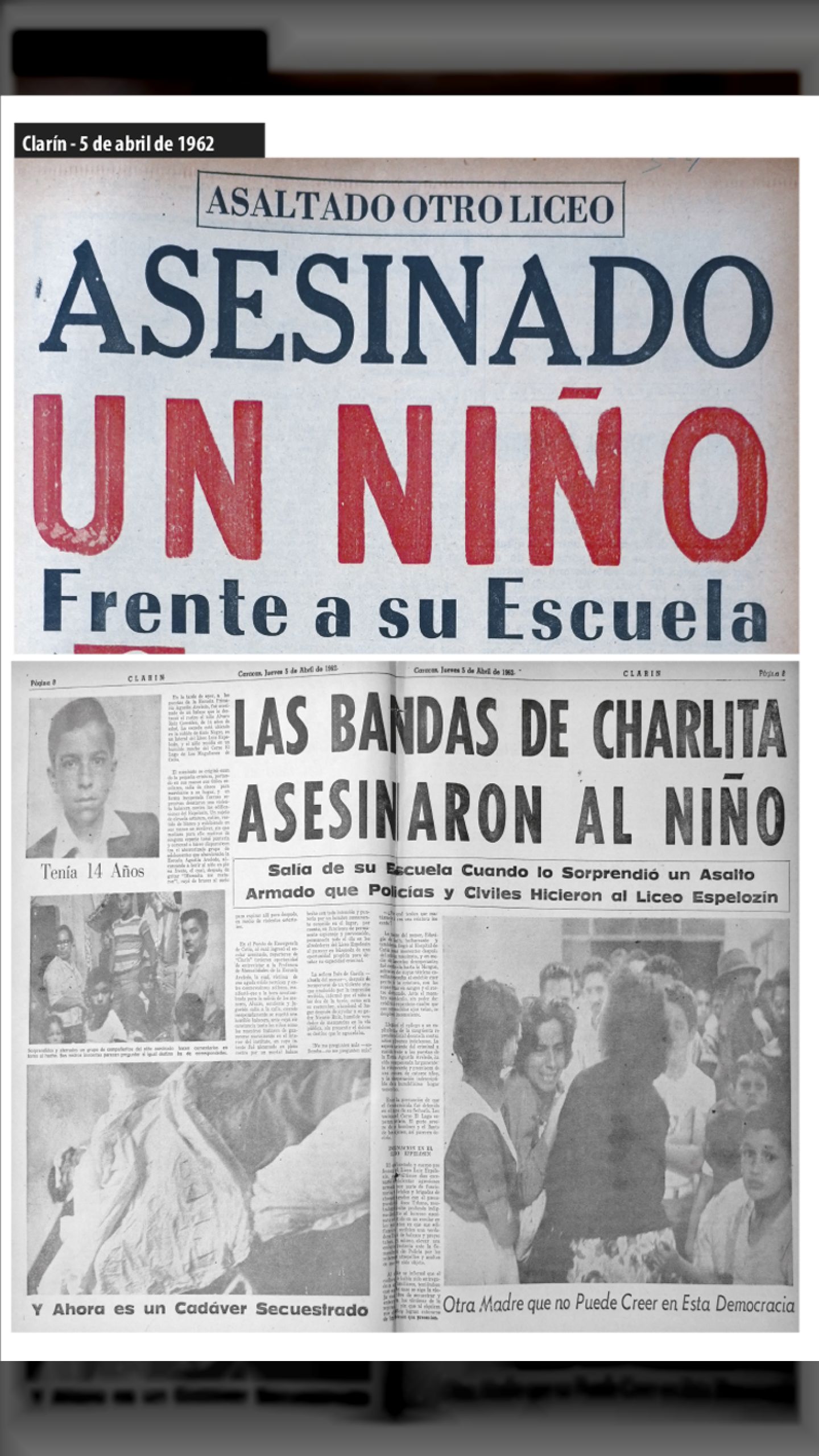 ASESINADO ESTUDIANTE DE 14 AÑOS (El Nacional – Clarín, jueves 5 de abril de 1962)