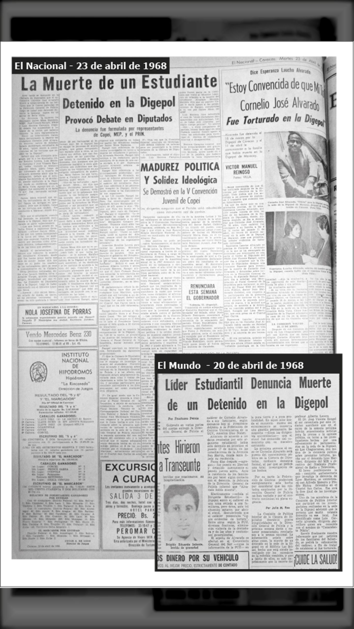 ES ASESINADO EL ESTUDIANTE JOSÉ CORNELIO ALVARADO HERRERA EL 18 DE ABRIL DE 1968 (El Nacional, martes 23 de abril de 1968)