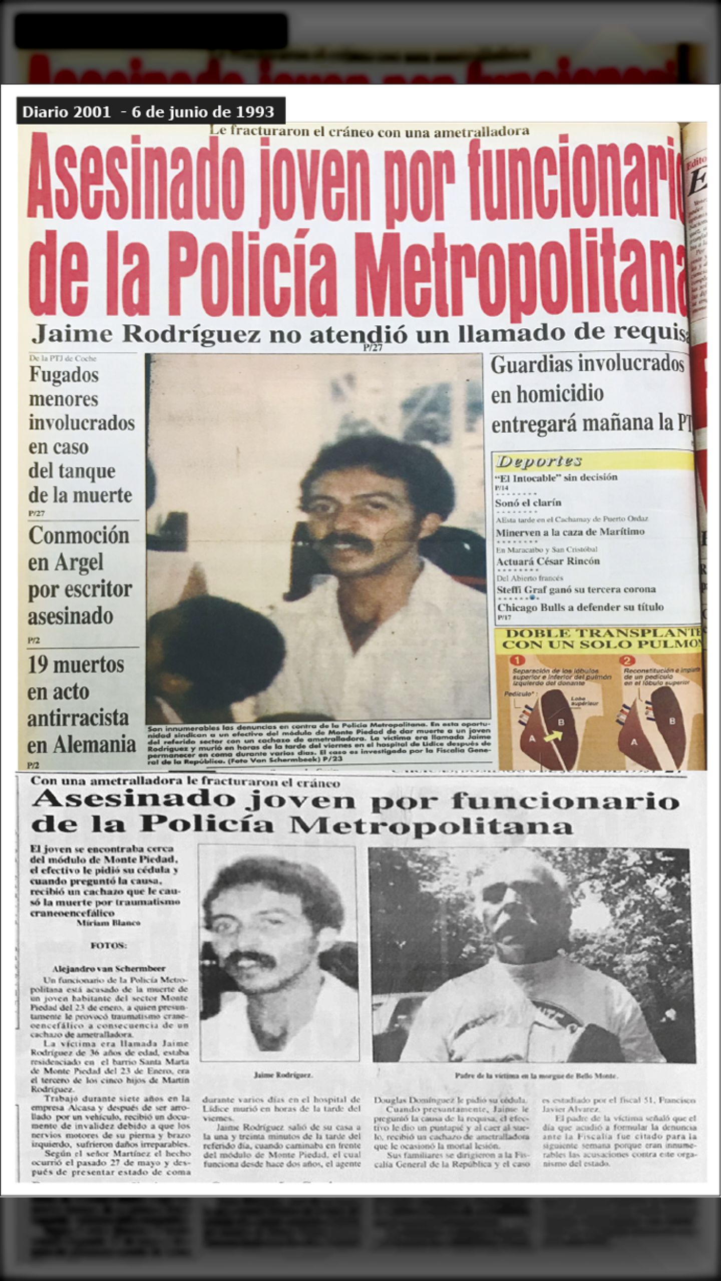 Asesinado joven por funcionario de la Policía Metropolitana (Diario 2001, 06 de junio 1993)