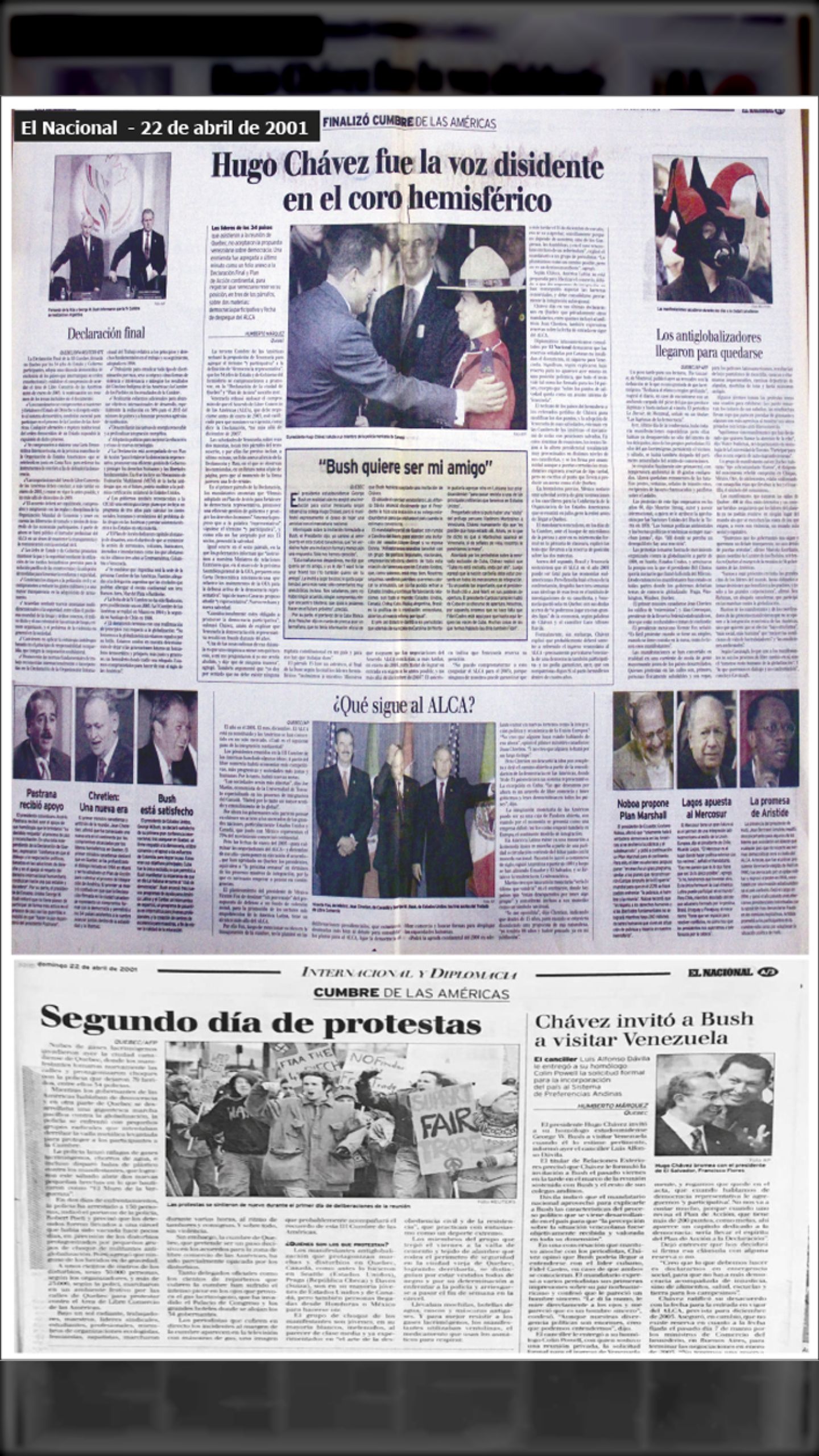 CHÁVEZ LA VOZ DISIDENTE EN LA III CUMBRE DE LAS AMÉRICAS (EL NACIONAL, 22 de abril 2001)