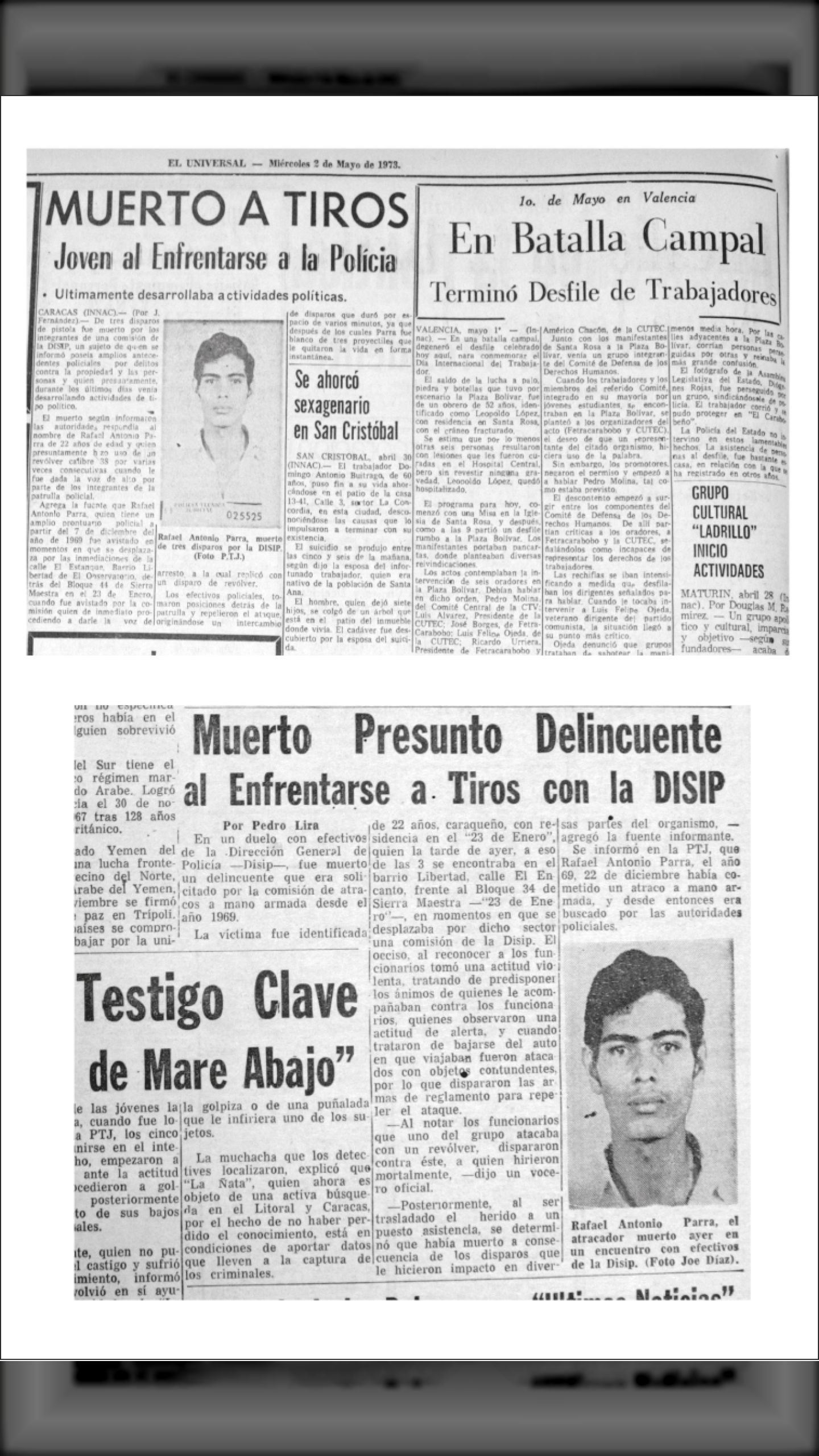 MUERTO A TIROS EL DIRIGENTE OBRERO RAFAEL ANTONIO PARRA (EL UNIVERSAL, 02 de mayo 1973)