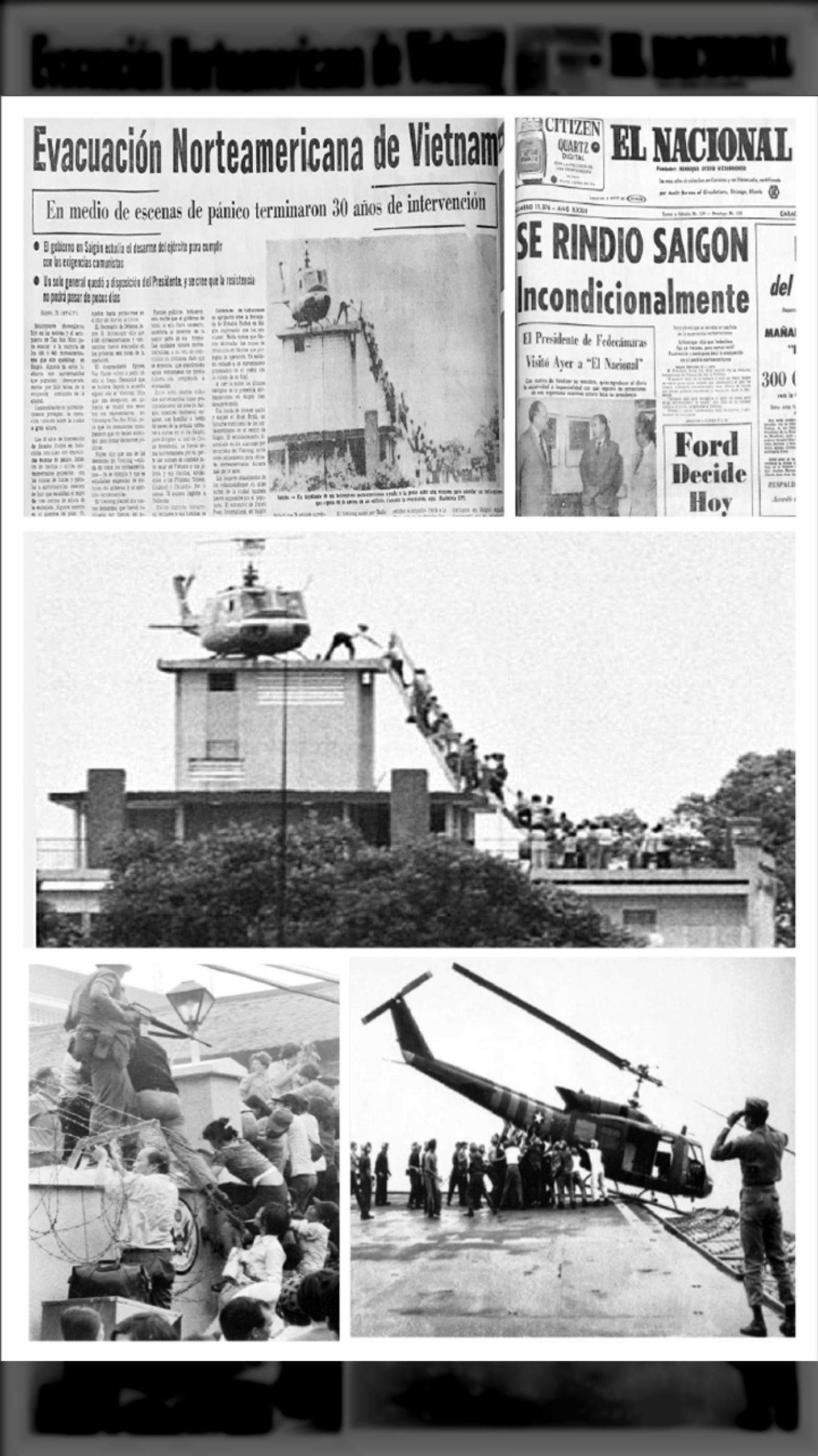 Evacuación Norteamericana de Vietnam En medio de escenas de pánico terminaron 30 años de intervención (EL NACIONAL, 30 de abril 1975)
