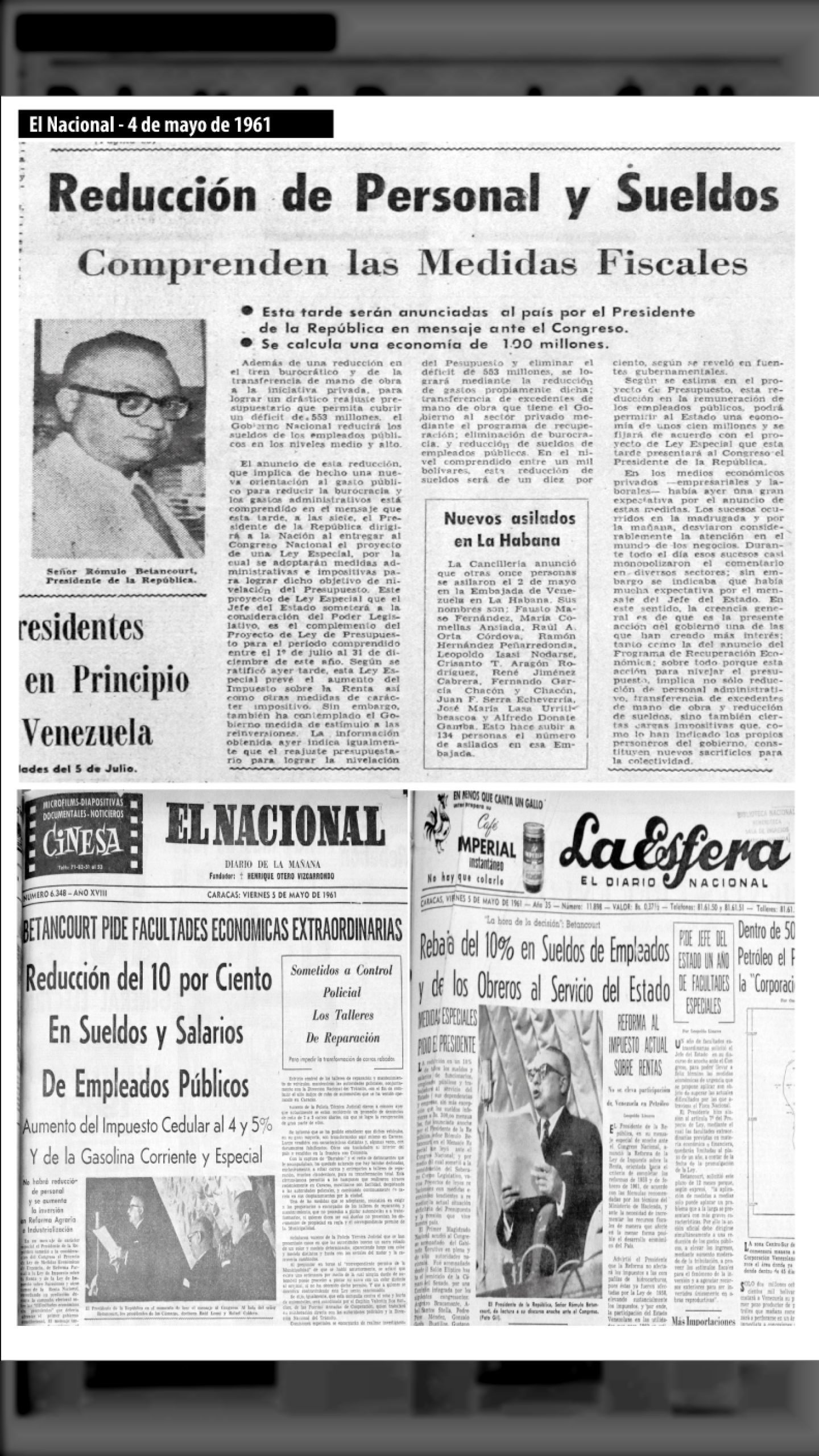 Betancourt decreta despido masivo de empleados públicos y reducción del 10% de sueldos (LA ESFERA, 5 de mayo 1961)