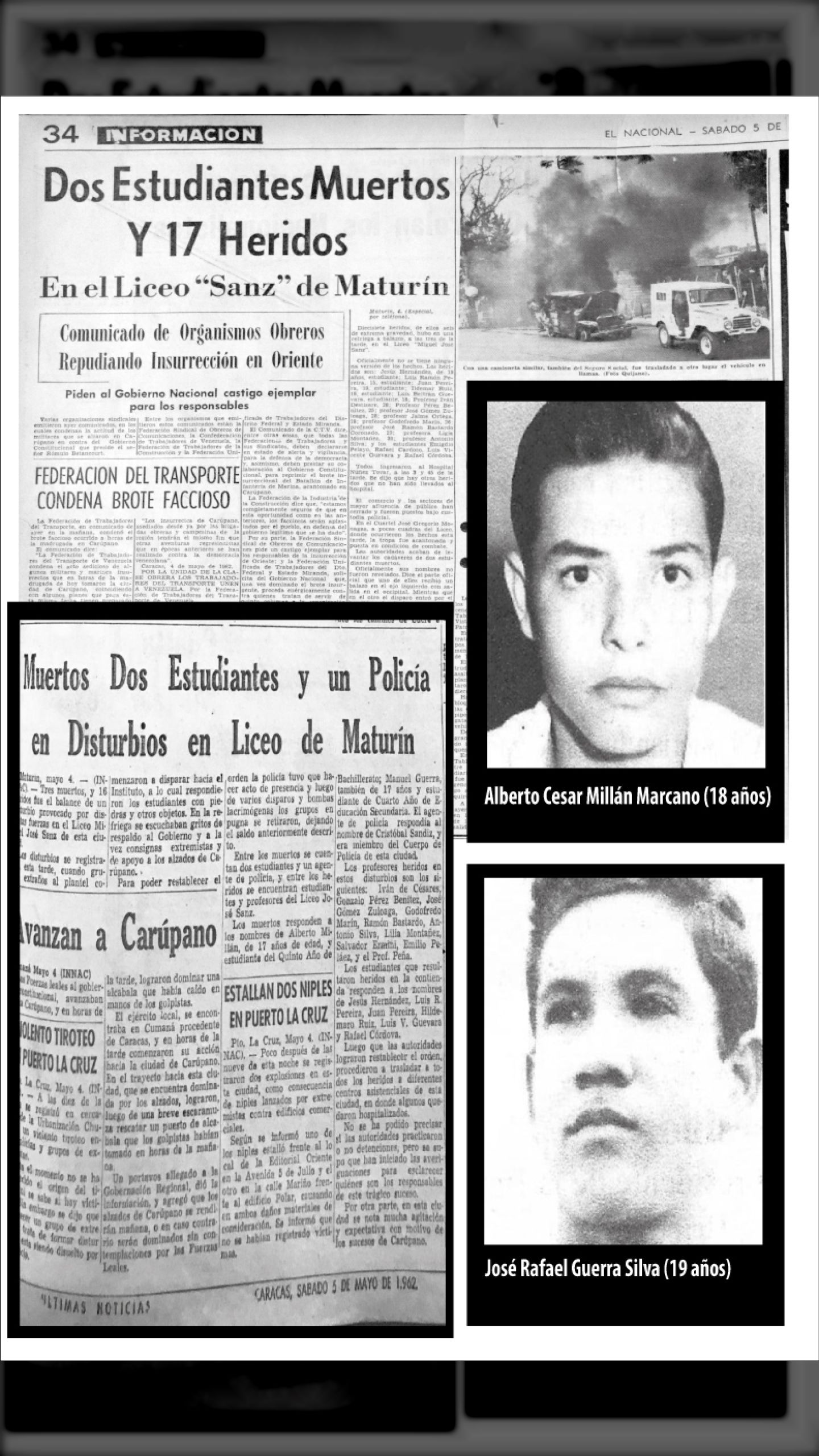 60 AÑOS DE LA MASACRE DEL LICEO MIGUEL JOSÉ SANZ EN MATURÍN (EL NACIONAL, 05 DE MAYO DE 1962)