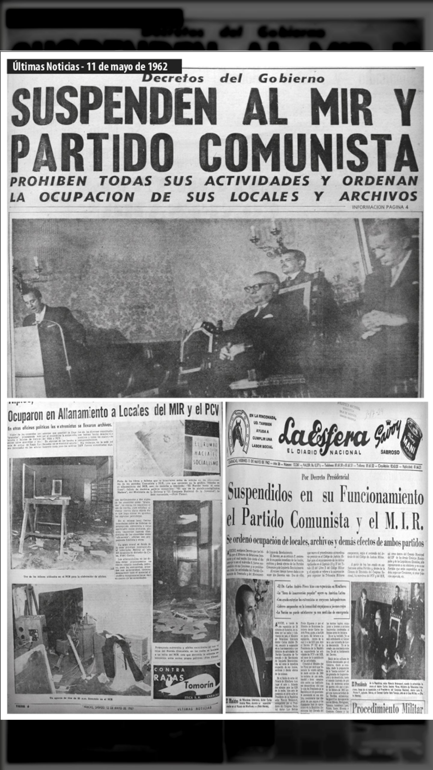 Son ilegalizados el PCV-MIR (Últimas Noticias y La Esfera, 11 de mayo 1962)