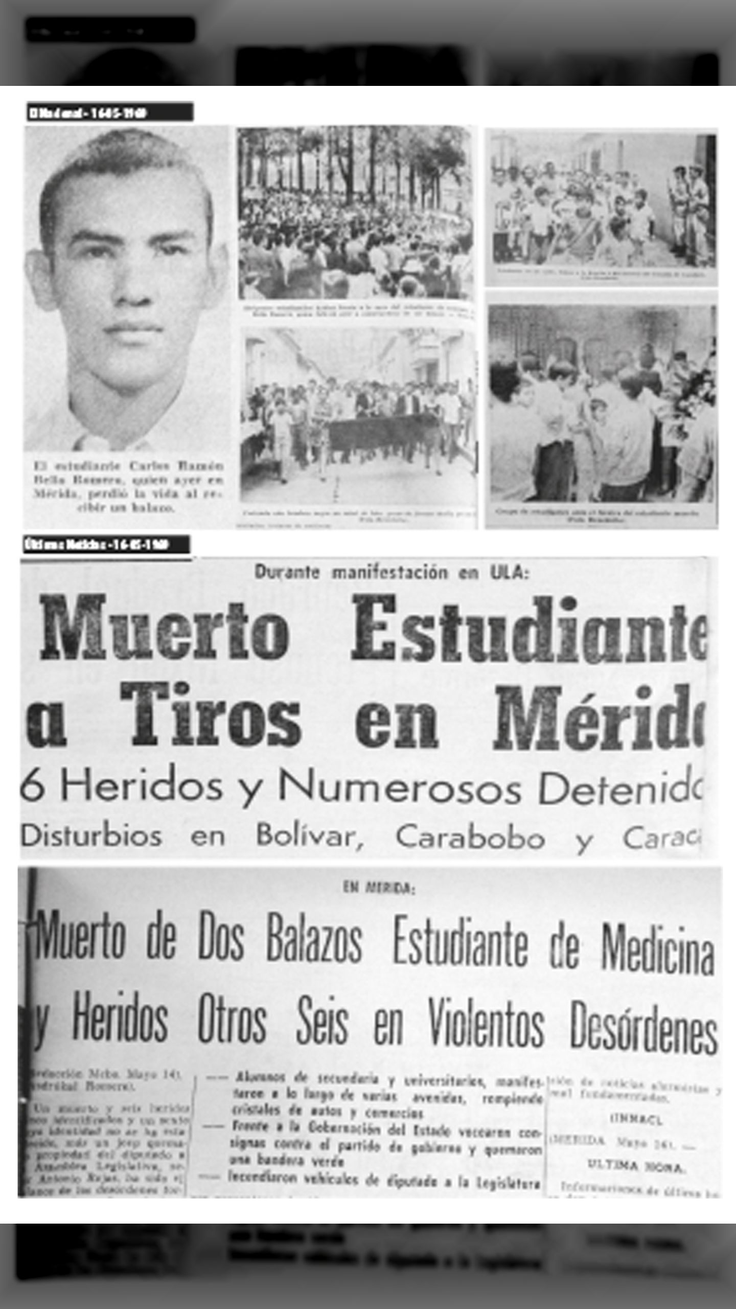 Muerto de dos balazos estudiante de medicina de la Universidad de Los Andes (Últimas Noticias - EL NACIONAL - 16 de mayo de 1969)