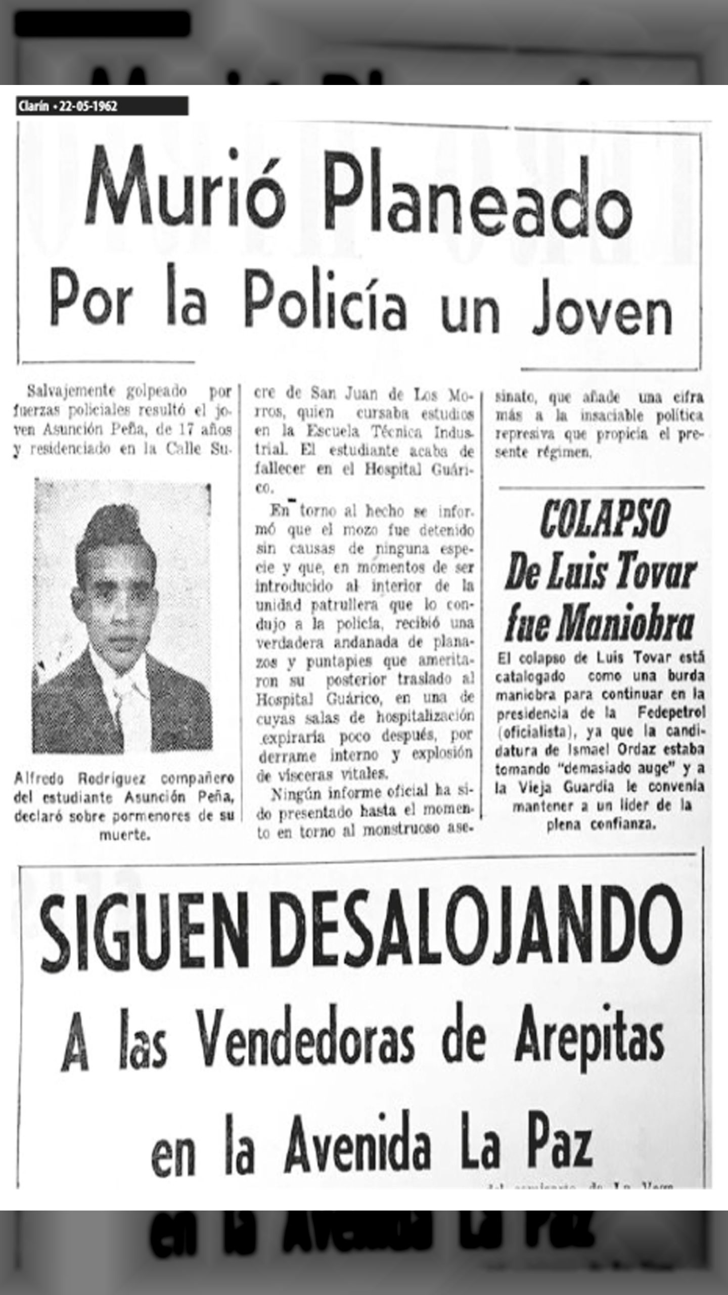 ES ASESINADO ASUNCIÓN FERNANDEZ PEÑA (CLARIN, 22 de mayo 1962)