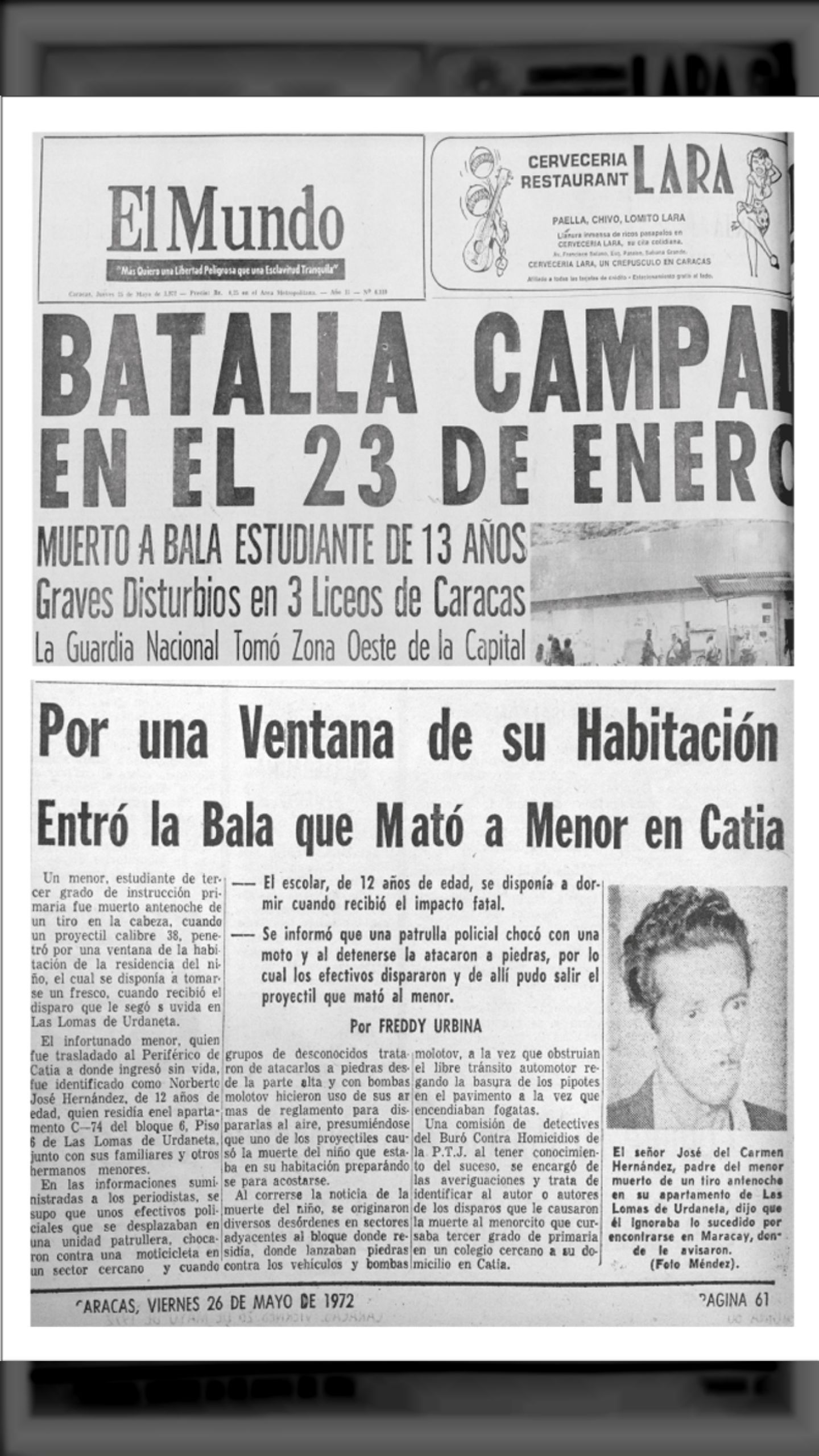 BATALLA CAMPAL EN EL 23 DE ENERO (24 y 25 de mayo 1972 El Mundo-Últimas Noticias)