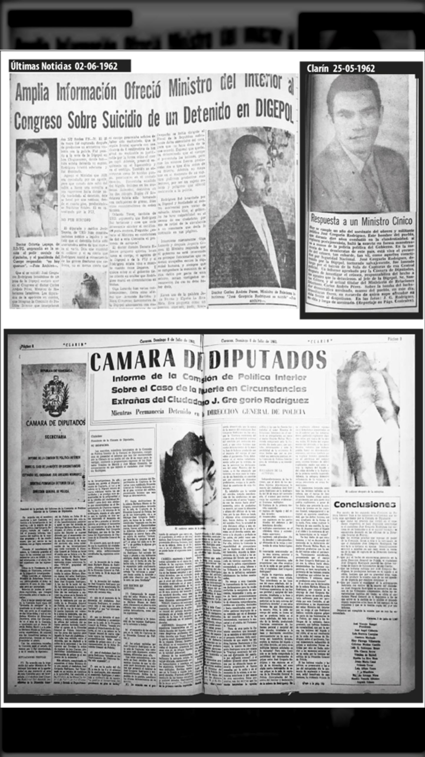 “Amplia Información Ofreció ministro del Interior al Congreso Sobre Suicidio de un Detenido en Digepol.” (Últimas Noticias, 2 de junio de 1962)