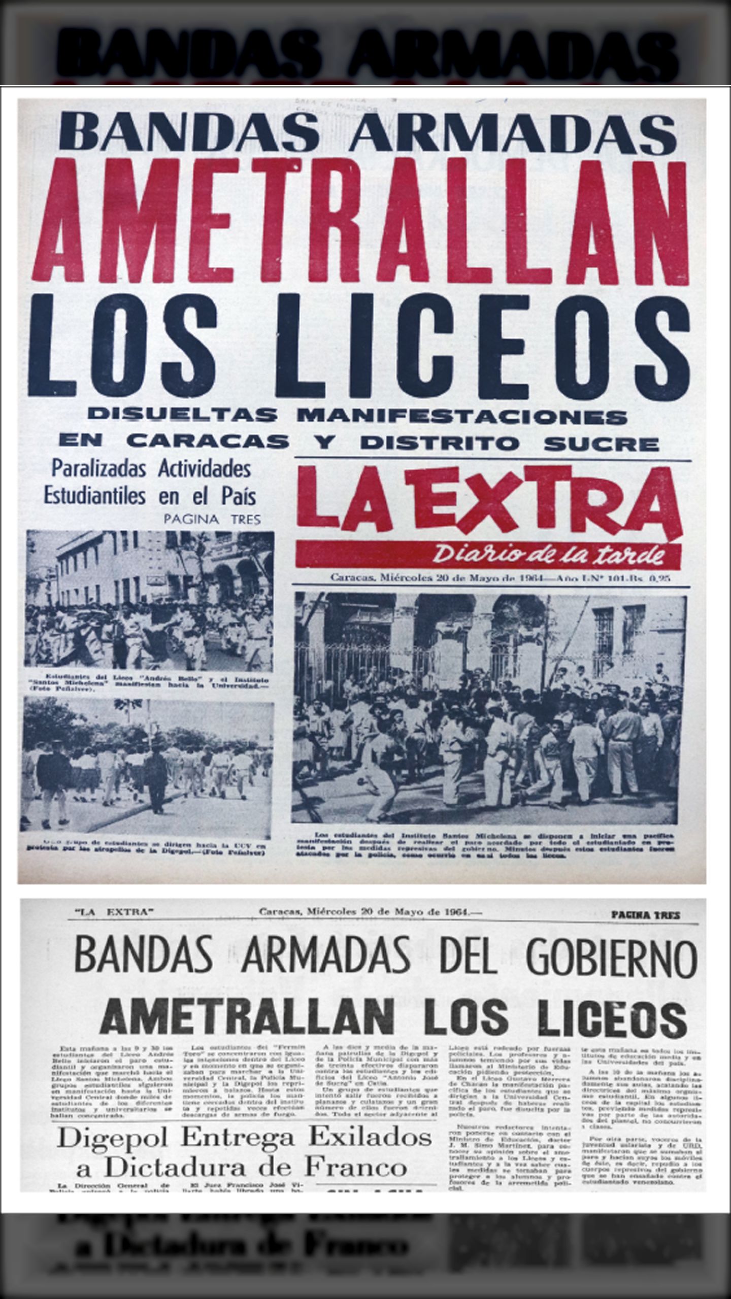 BANDAS ARMADAS AMETRALLAN LOS LICEOS (LA EXTRA, 20 de mayo de 1964)