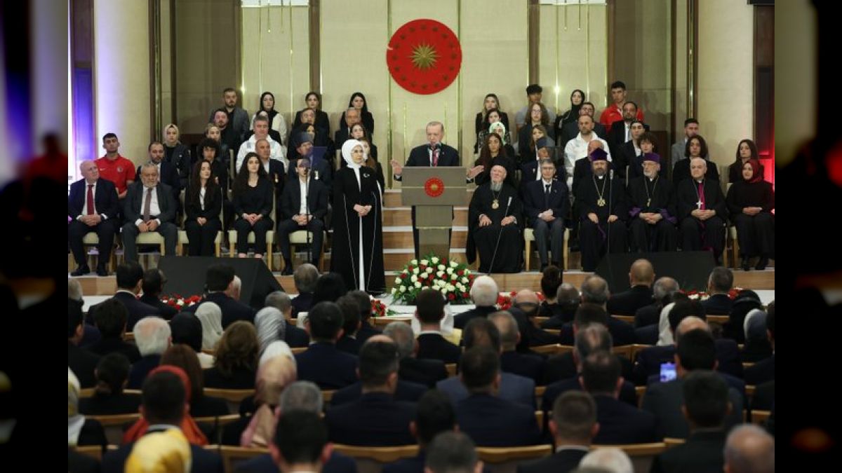 El presidente de Türkiye, Recep Tayyip Erdogan durante su discurso en el Palacio Presidencial de Ankara