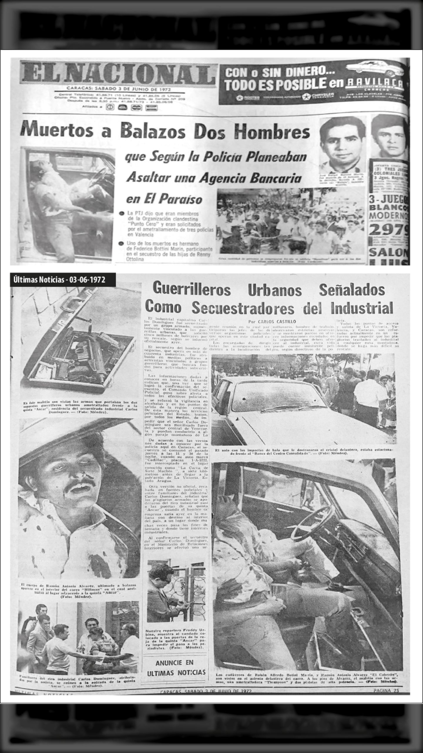 Muertos Dos Hombres que Según la Policía Planeaban Robar un Banco (El Nacional, 3 de junio de 1972)