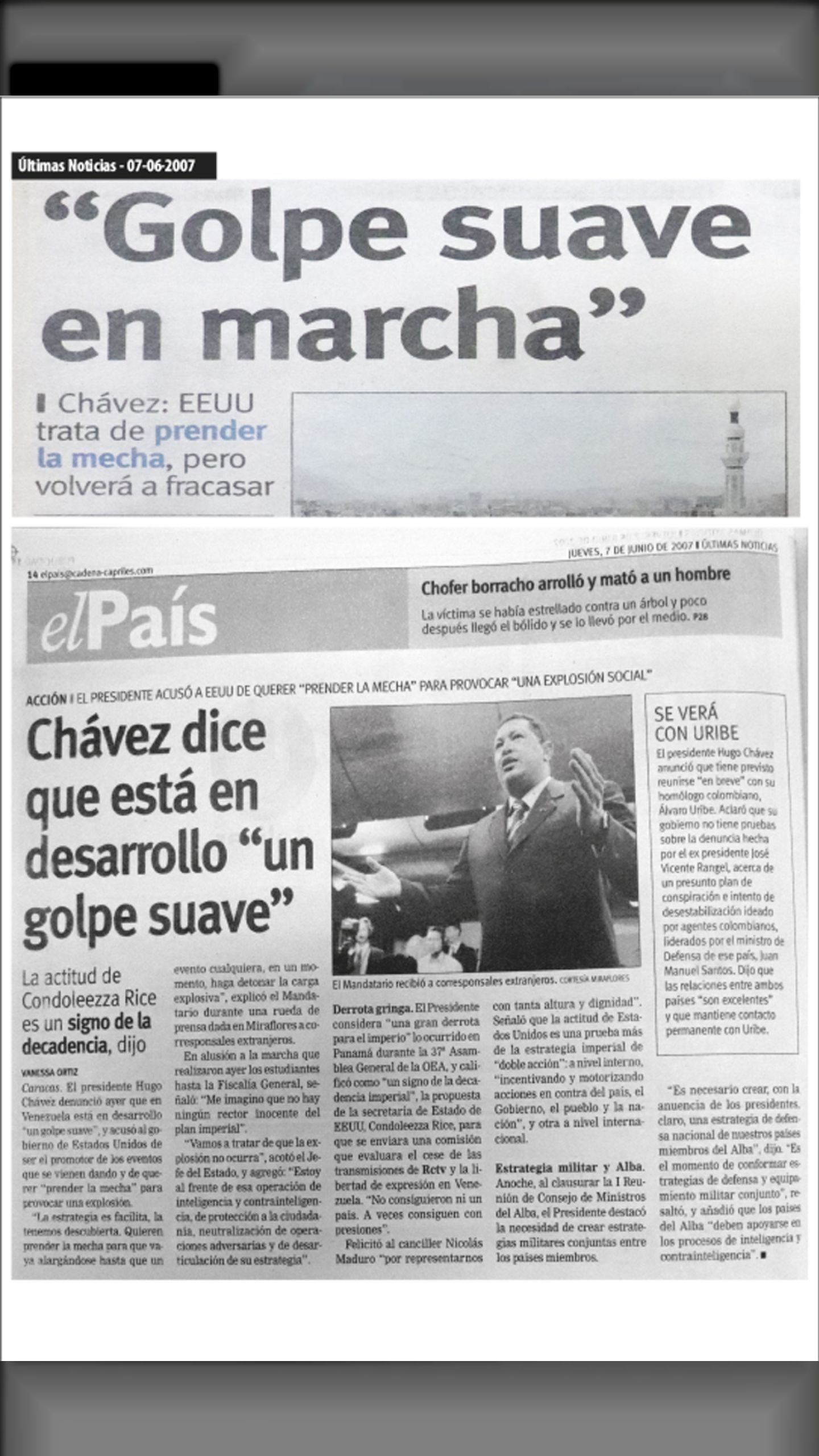 GOLPE SUAVE EN MARCHA (Últimas Noticias, 7 de junio de 2007)