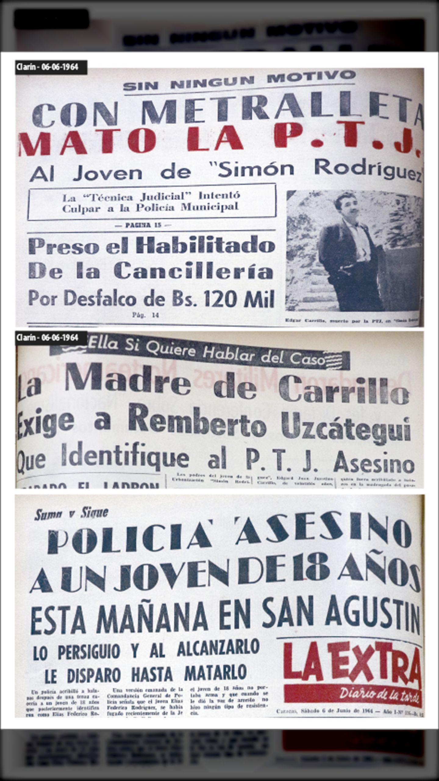 Sin ningún motivo P.T.J. mató a joven en Simón Rodríguez (CLARÍN, 5 de junio 1963)