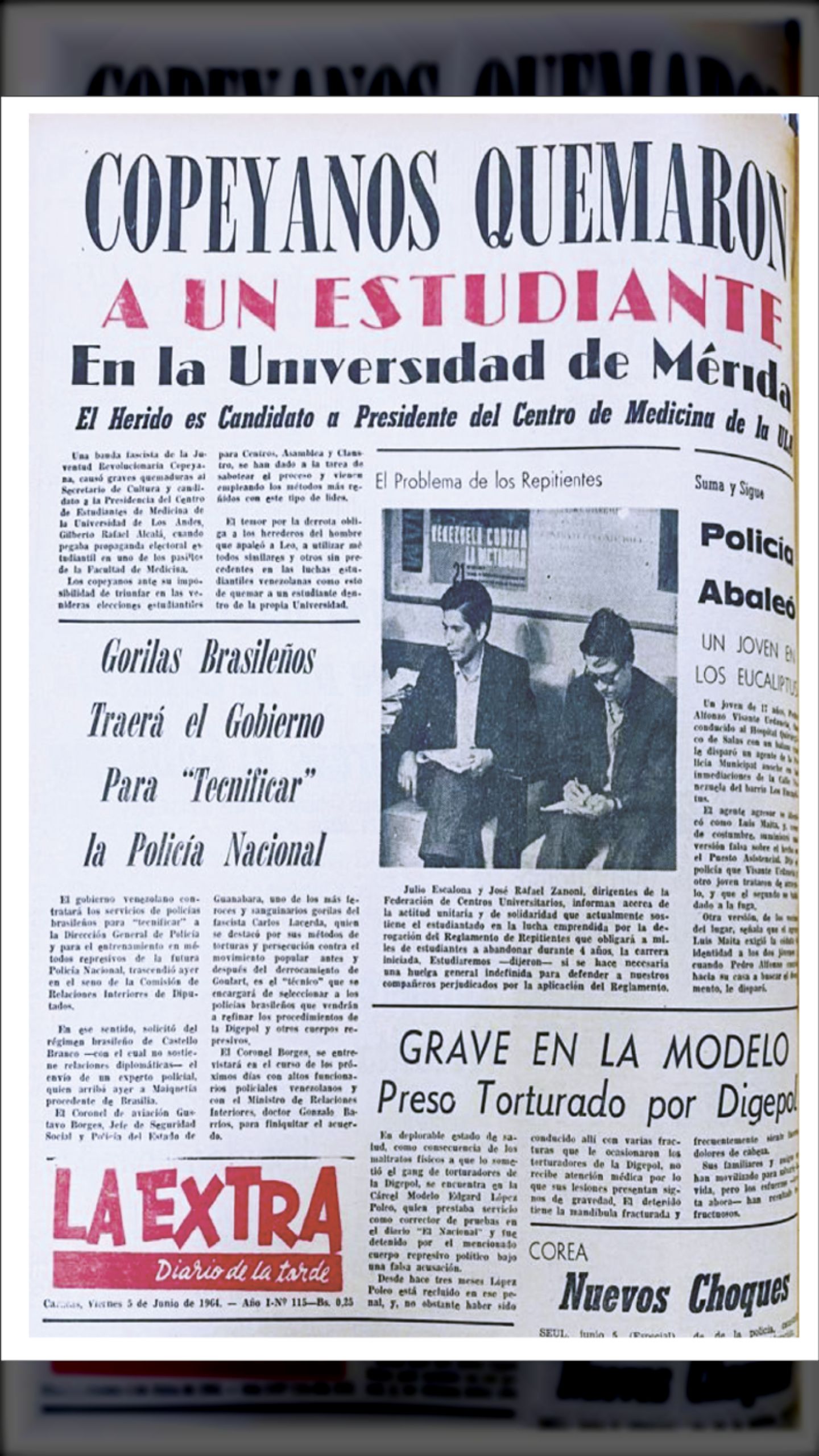 COPEYANOS QUEMARON A UN ESTUDIANTE EN LA UNIVERSIDAD DE MÉRIDA (LA EXTRA, 5 de junio 1964)