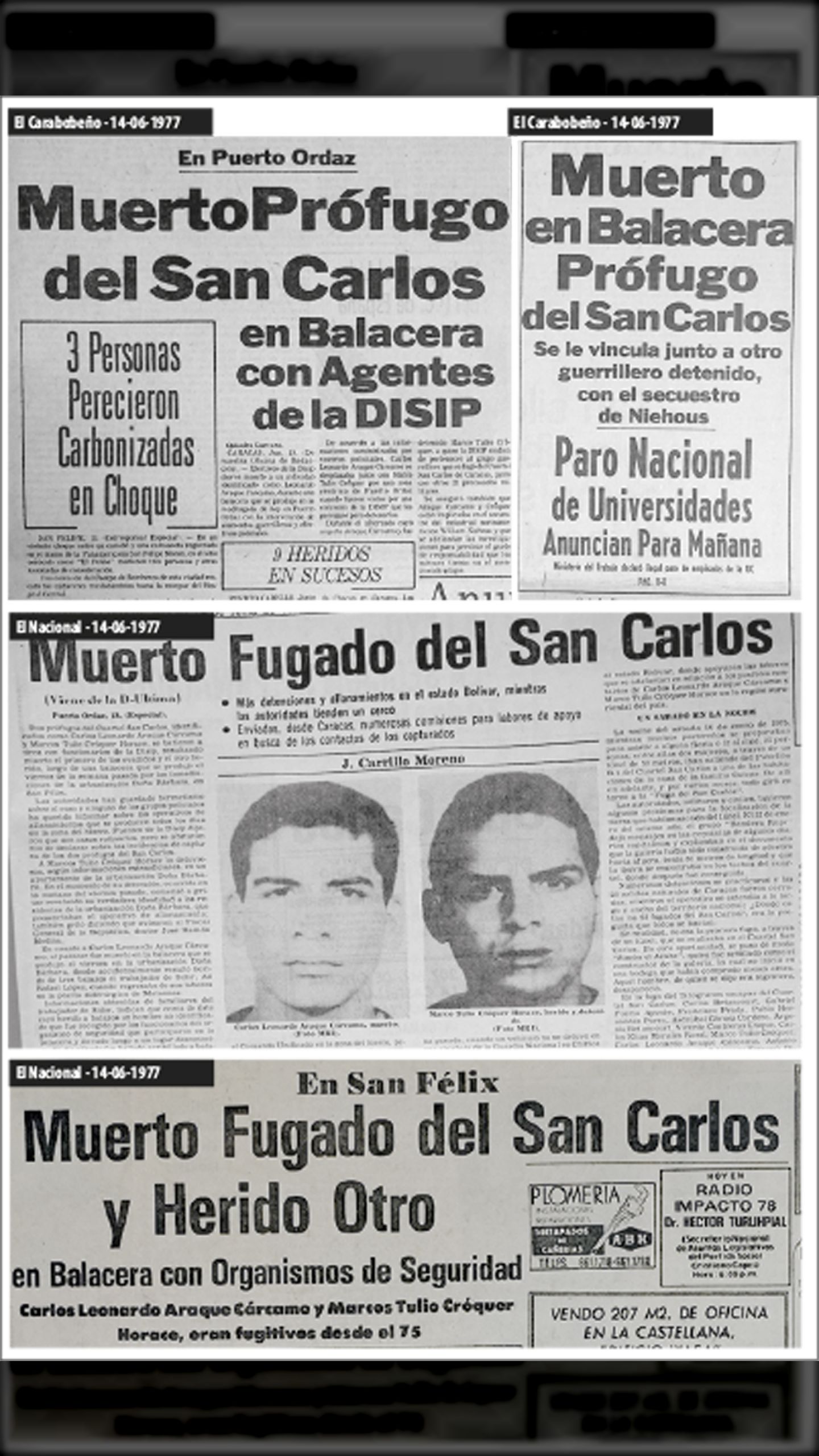 MUERTO FUGADO DEL CUARTEL SAN CARLOS (EL NACIONAL, 14 DE JUNIO 1977)