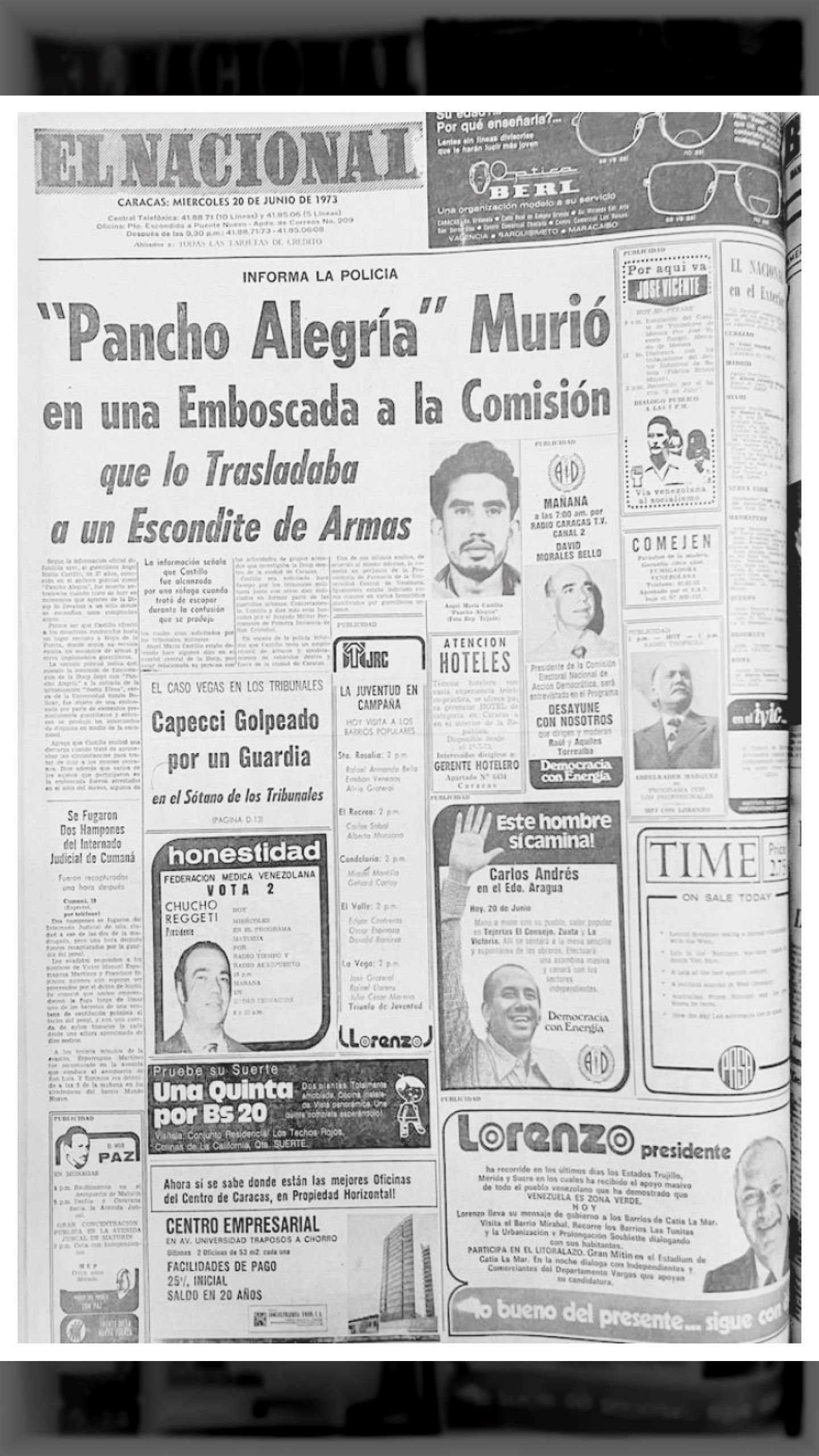 INFORMA LA POLICÍA: “Pancho Alegría” murió en una emboscada… (EL NACIONAL, 20 DE JUNIO 1973)