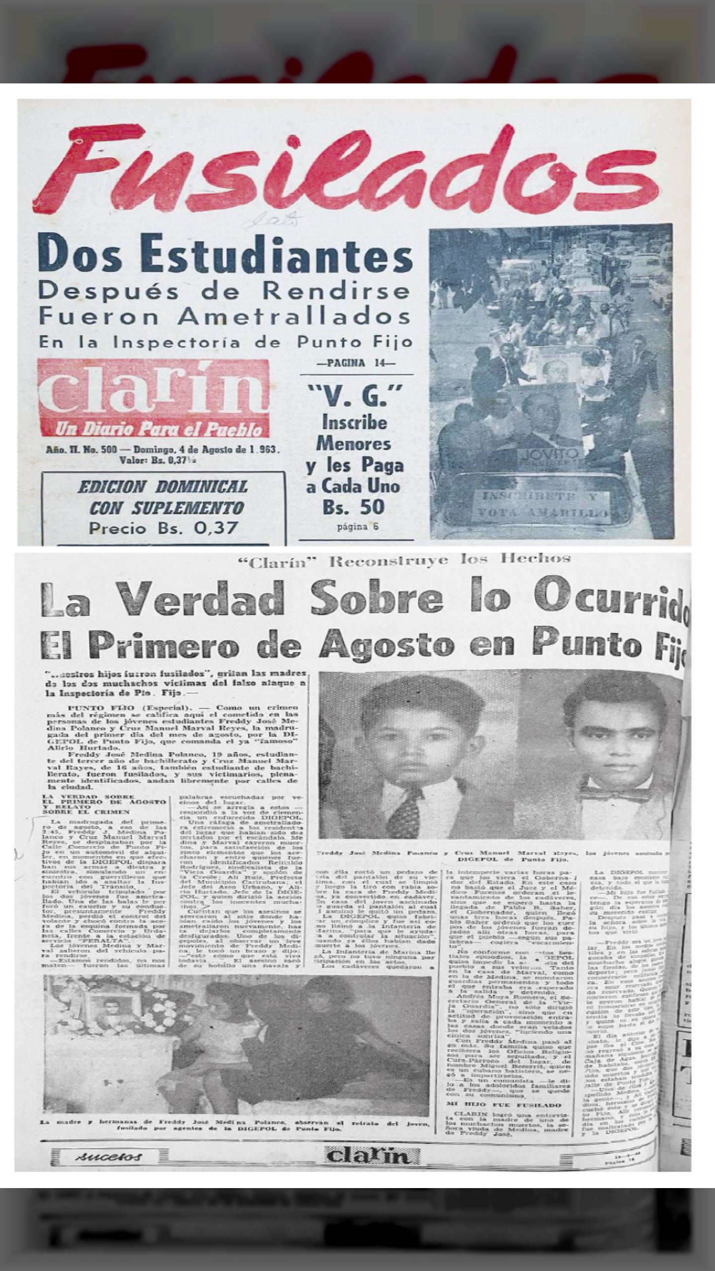 FUSILADOS DOS ESTUDIANTES (CLARÍN, 4 de agosto de 1963)