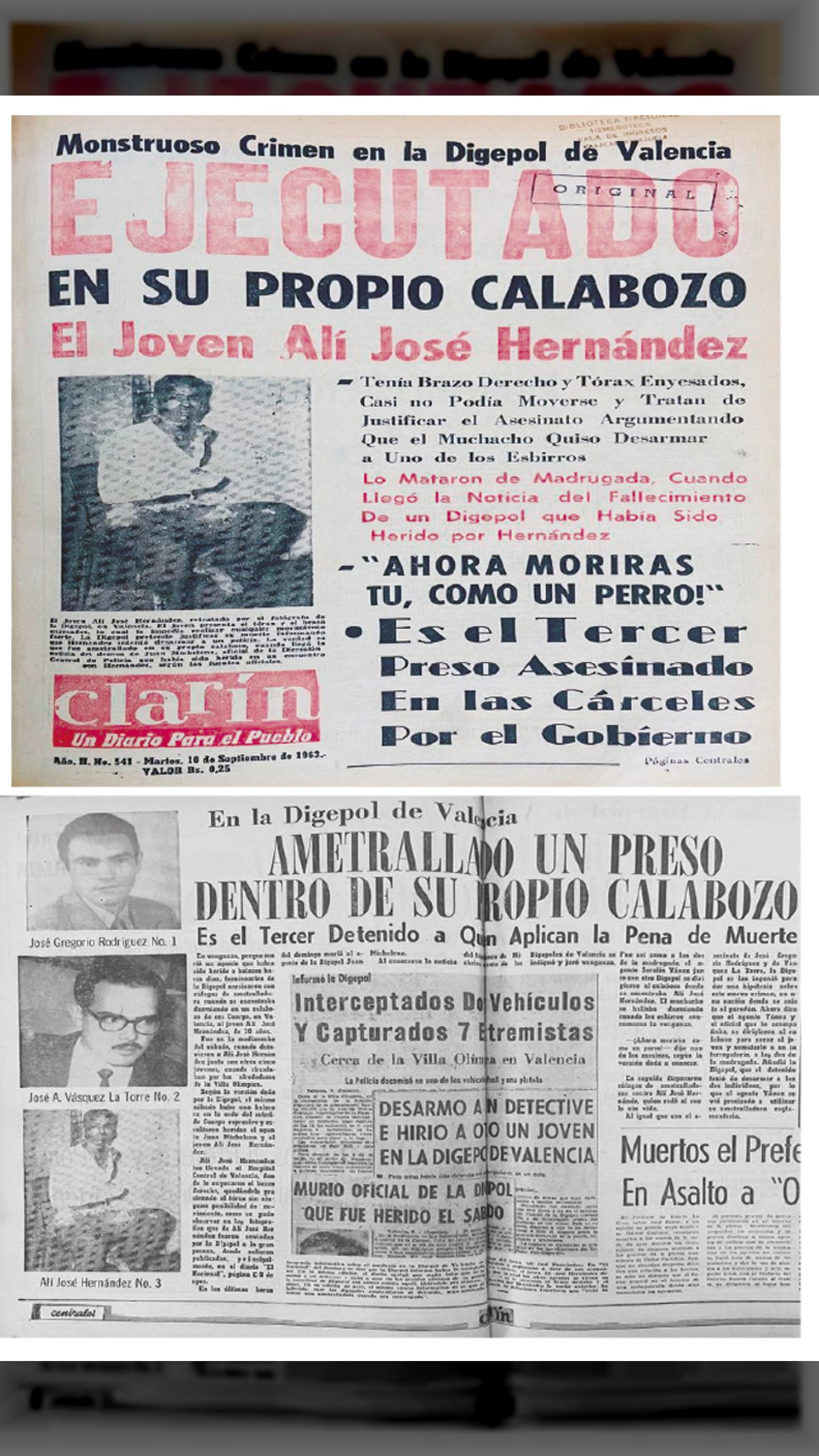 MUERE ALÍ JOSÉ HERNÁNDEZ EJECUTADO EN SU PROPIO CALABOZO (CLARIN, 10 de septiembre 1963)