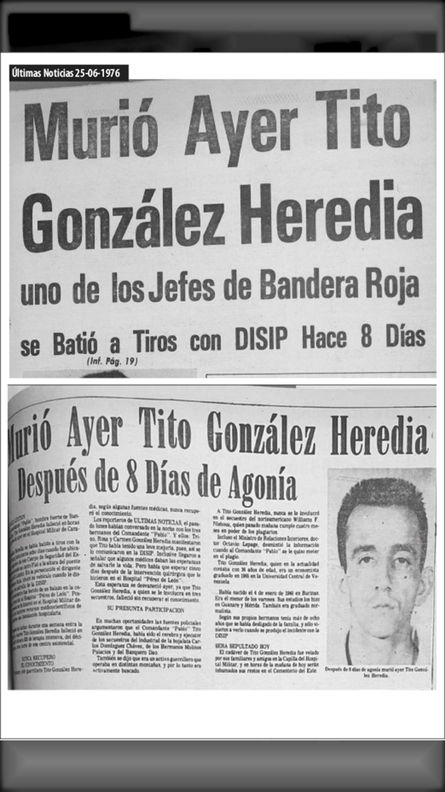 MURIÓ AYER TITO GONZÁLEZ HEREDIA (Últimas Noticias, 25 de junio 1976)