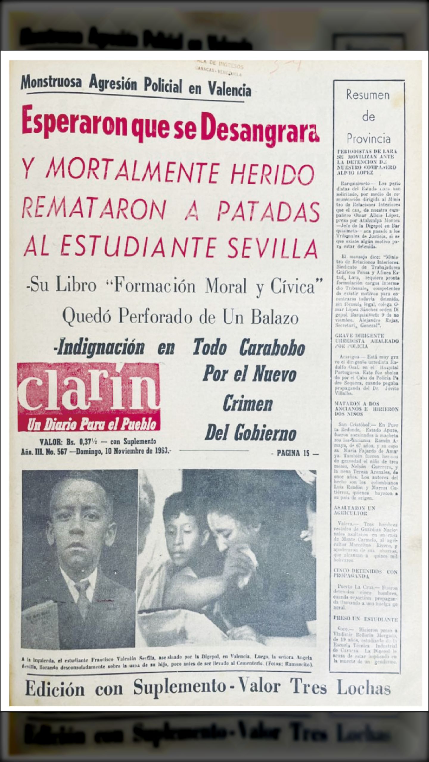 Es asesinado por la Digepol FRANCISCO VALENTÍN SEVILLA (Clarín, 19 de noviembre 1963)