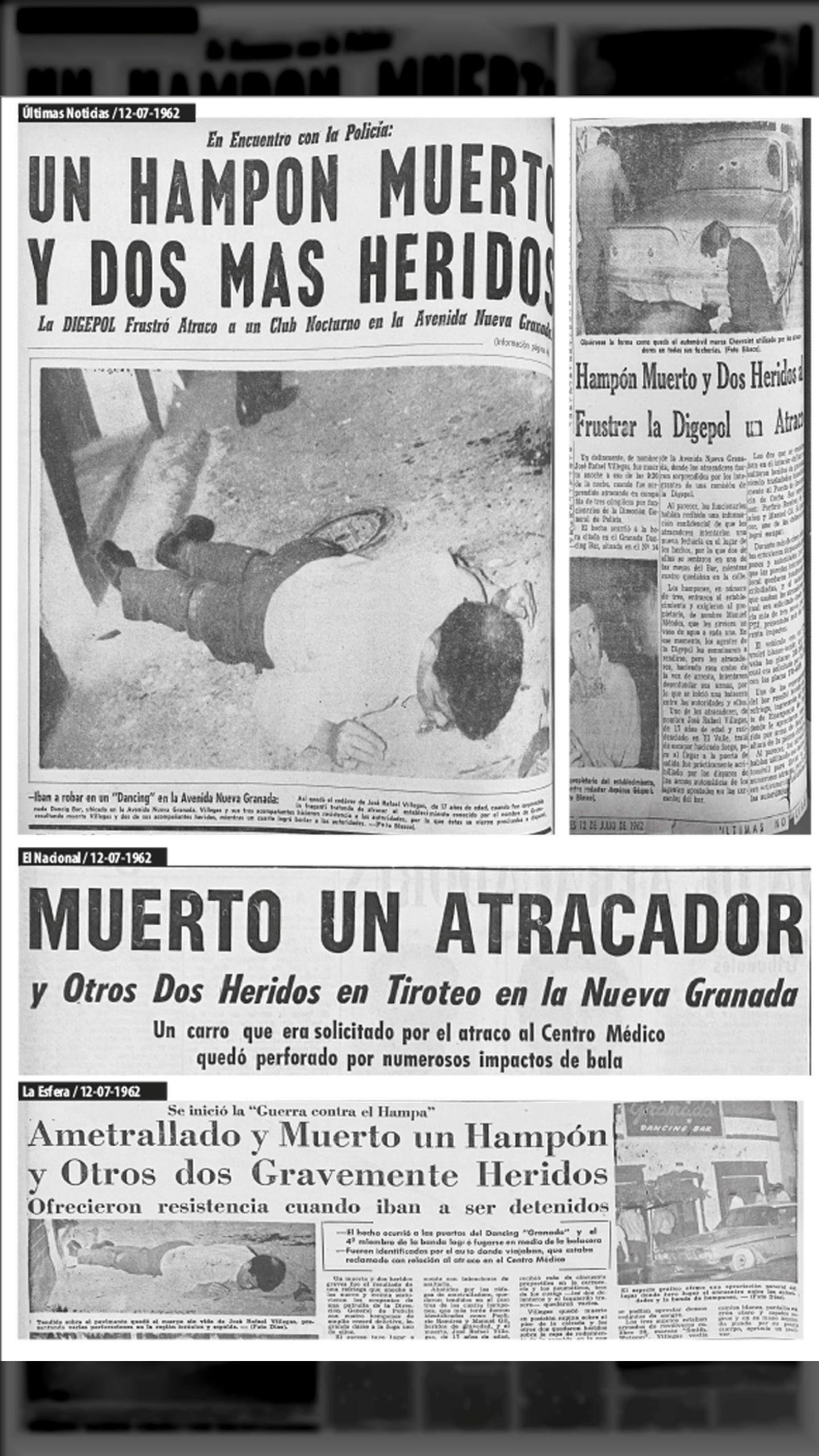 JOSÉ RAFAEL VILLEGAS (17 años) ES ACRIBILLADO POR LA DIGEPOL (ÚLTIMAS NOTICIAS, 12 de julio 1962)