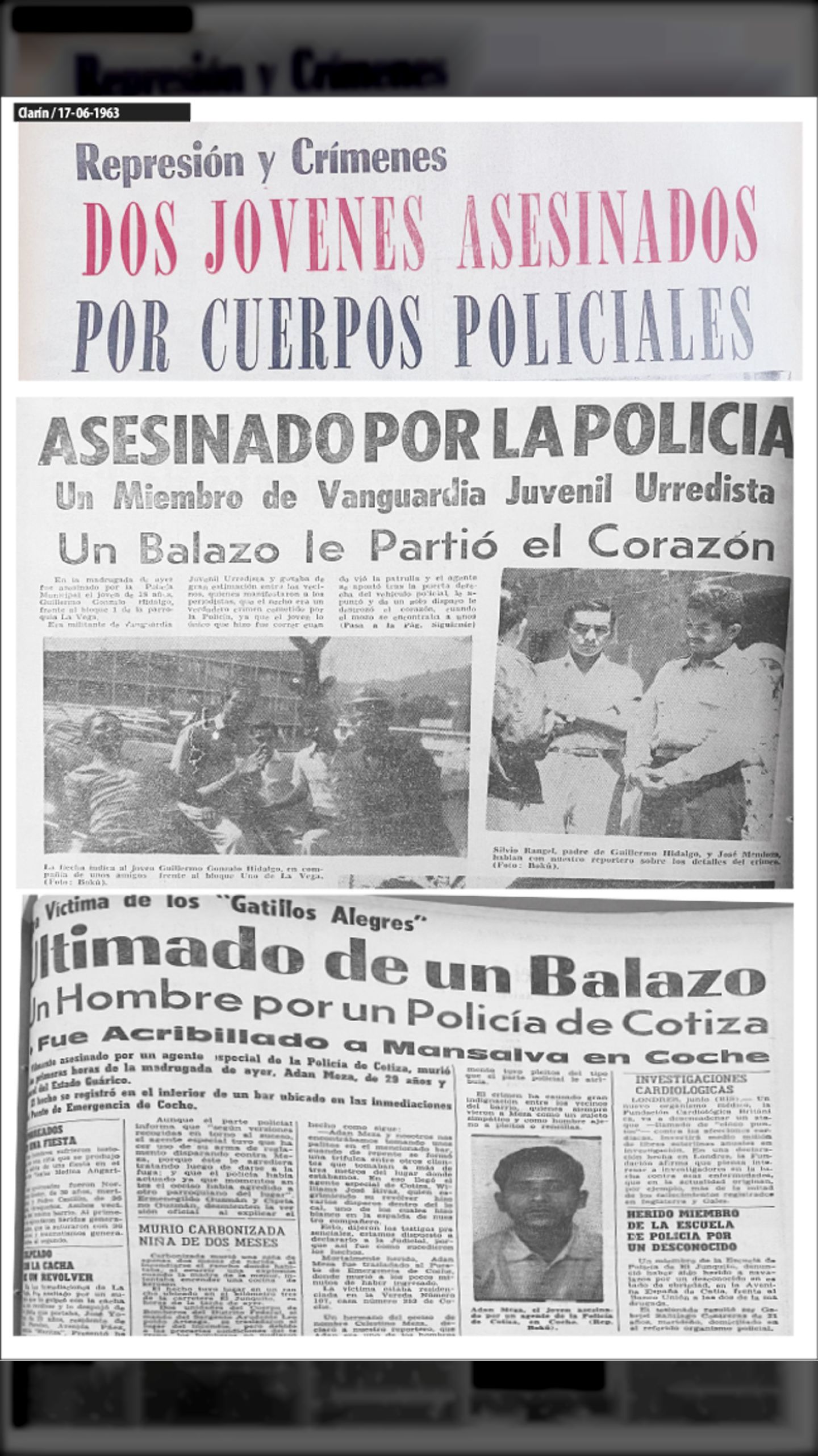 ADÁN MEZA y GUILLERMO GONZÁLO HIDALGO FUERON ACRIBILLADOS POR LA ESPALDA POR CUERPOS POLICIALES DEL ESTADO (CLARIN, 17 de junio de 1963)