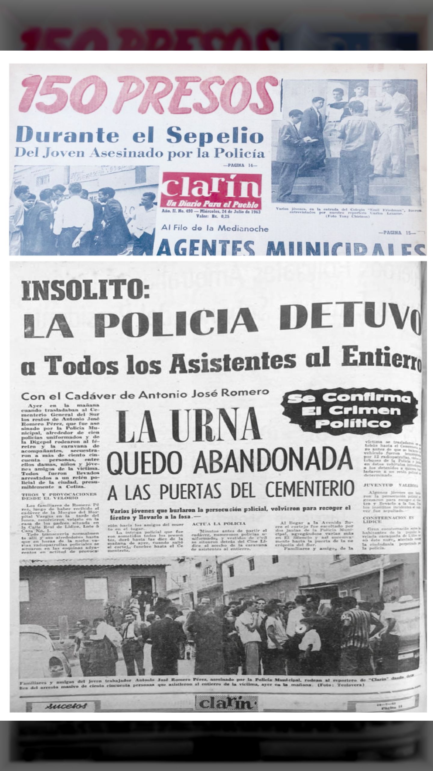 150 PRESOS DURANTE EL SEPELIO DEL JOVEN ESTUDIANTE ASESINADO POR LA POLICÍA (CLARÍN, 23 de julio de 1963)