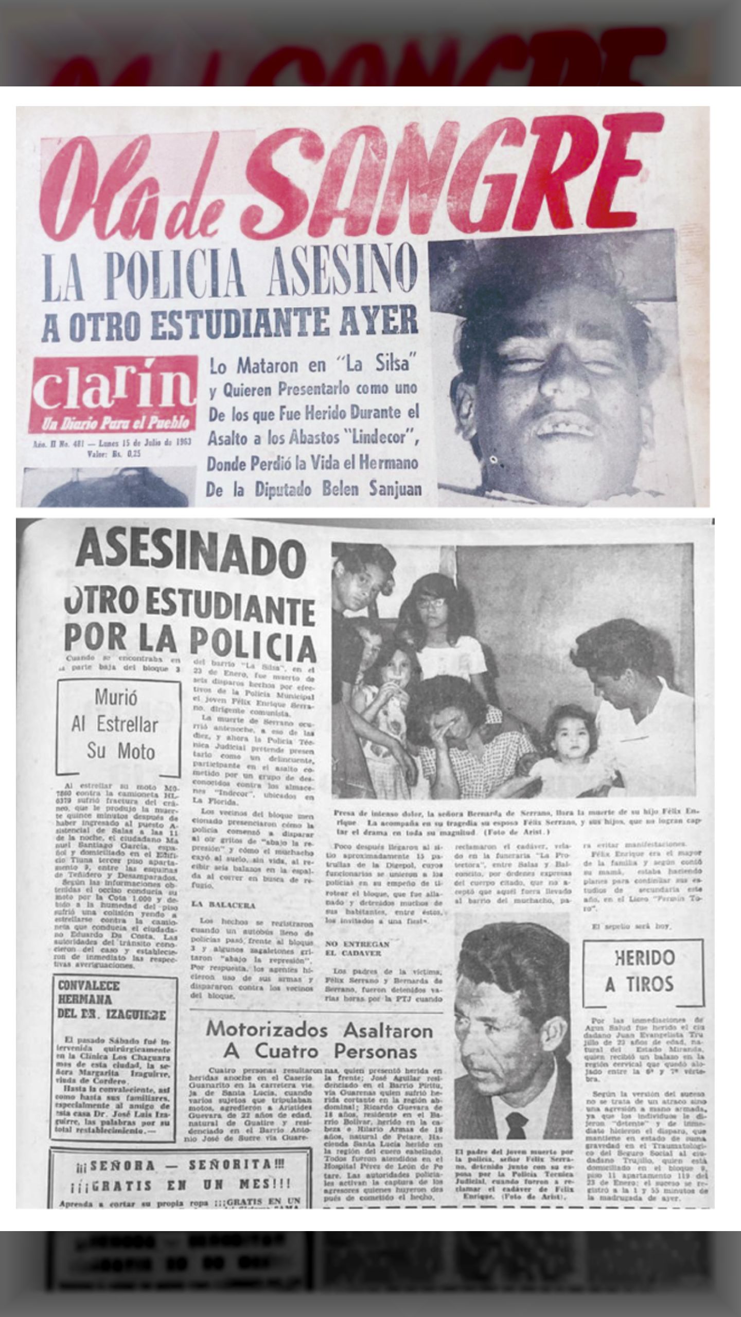 LA POLICÍA ASESINÓ A OTRO ESTUDIANTE AYER (CLARIN, 15 de julio 1963)