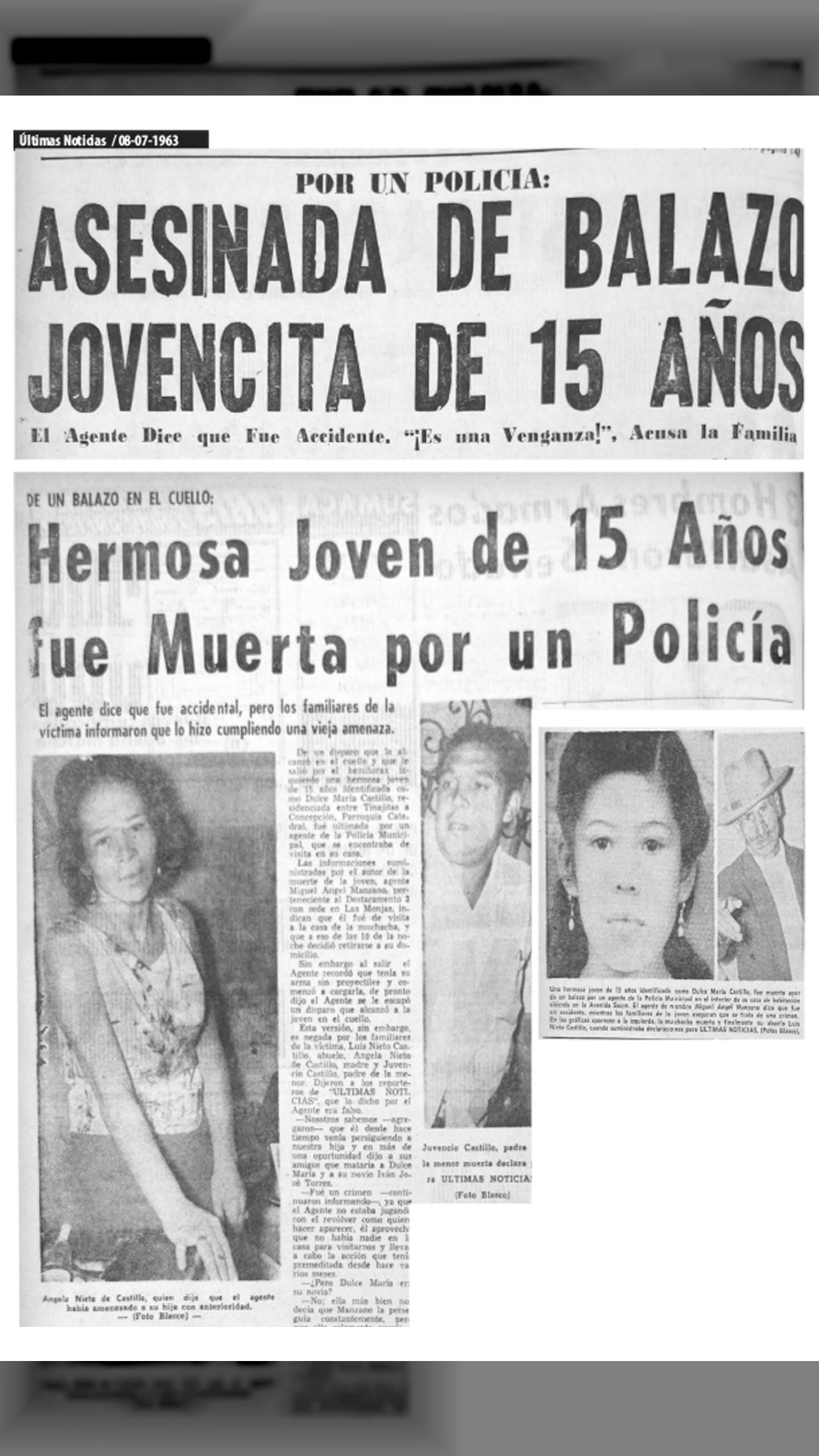 ASESINADA DE BALAZO JOVENCITA DE 15 AÑOS (ÚLTIMAS NOTICIAS, 8 de julio 1963)