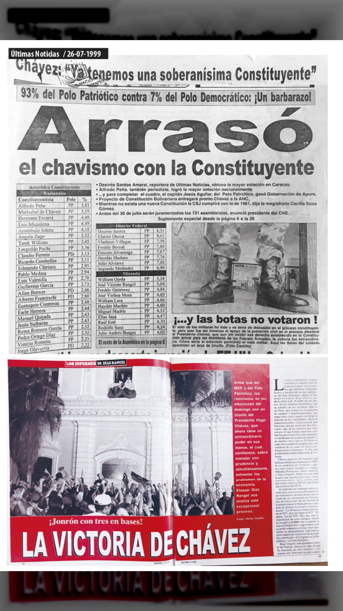 ARRASÓ EL CHAVISMO EN LA CONSTITUYENTE (REVISTA ÉLITE y ÚLTIMAS NOTICIAS, 26 de julio 1999)