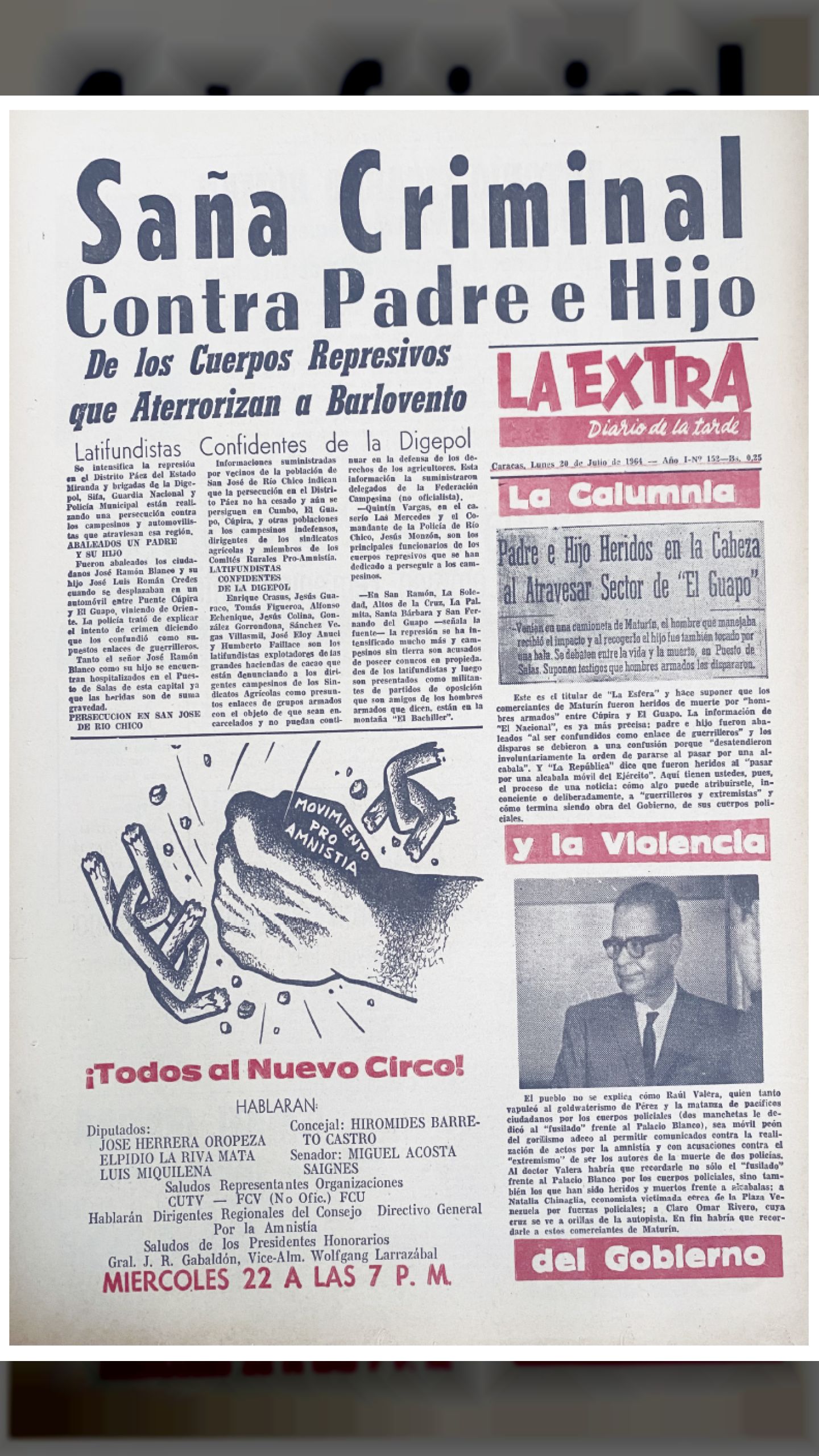 Saña Criminal Contra Padre e Hijo SON ABALEADOS JOSÉ RAMÓN BLANCO Y SU HIJO JOSÉ LUIS ROMÁN CREDES (LA EXTRA y EL NACIONAL, 20 de julio 1964)