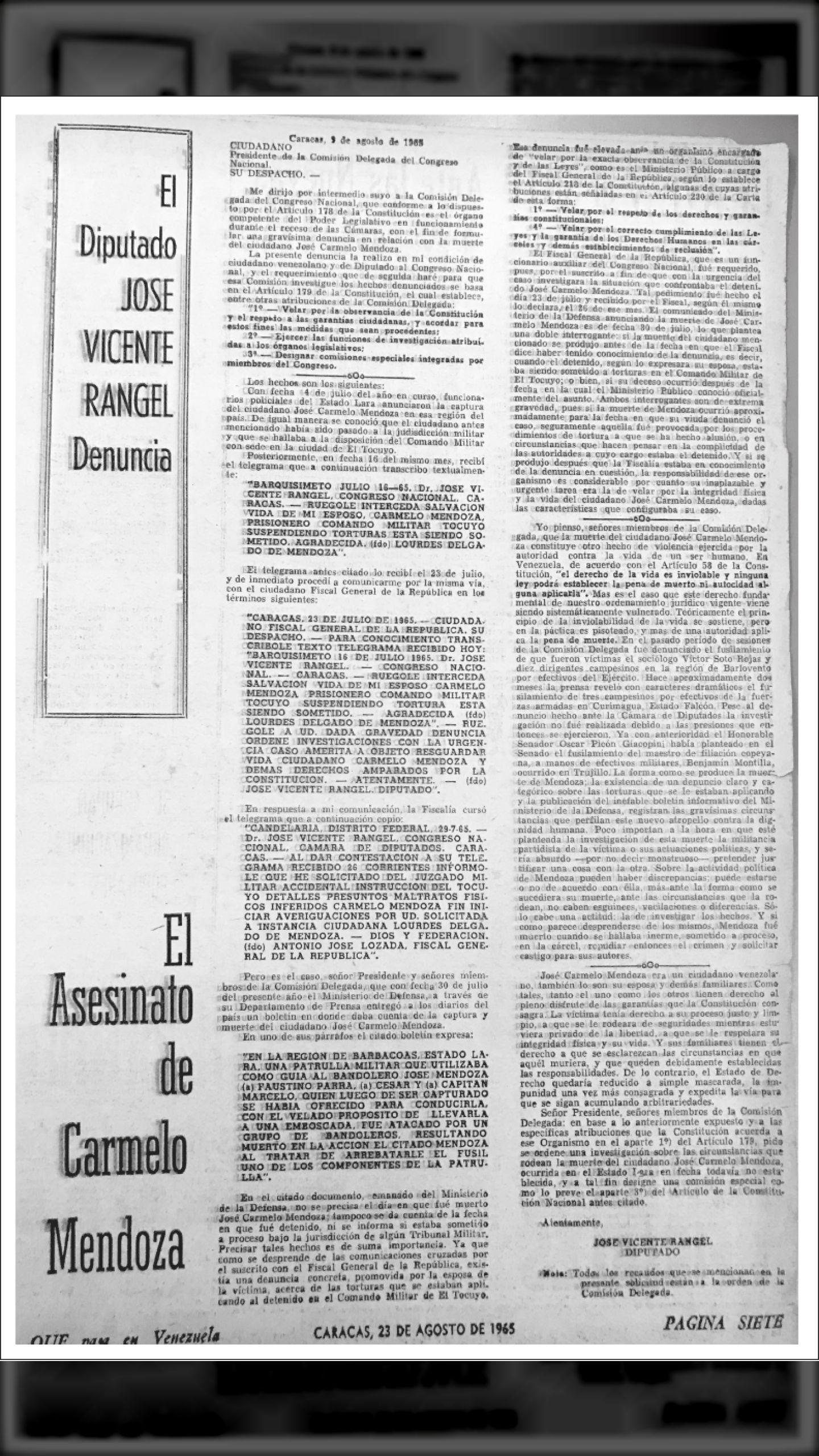 El dip. JOSÉ VICENTE RANGEL denuncia El Asesinato de Carmelo Mendoza (QUÉ pasa en Venezuela, agosto 1965)