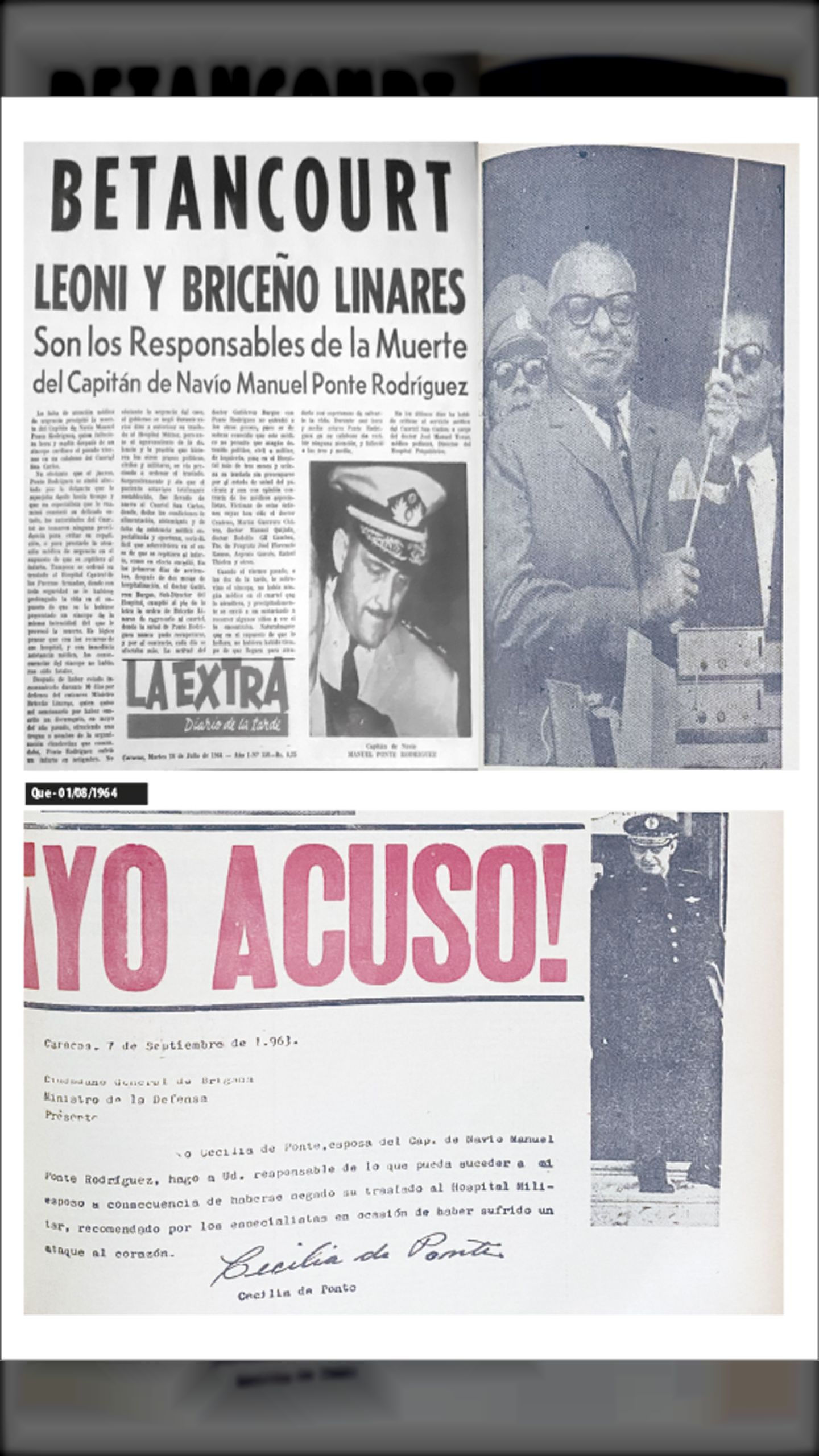 BETANCOURT, LEONI Y BRICEÑO LINARES SON LOS RESPONSABLES DE LA MUERTE DEL CAPITÁN DE NAVÍO MANUEL PONTE RODRÍGUEZ (LA EXTRA, 28 de julio 1964)