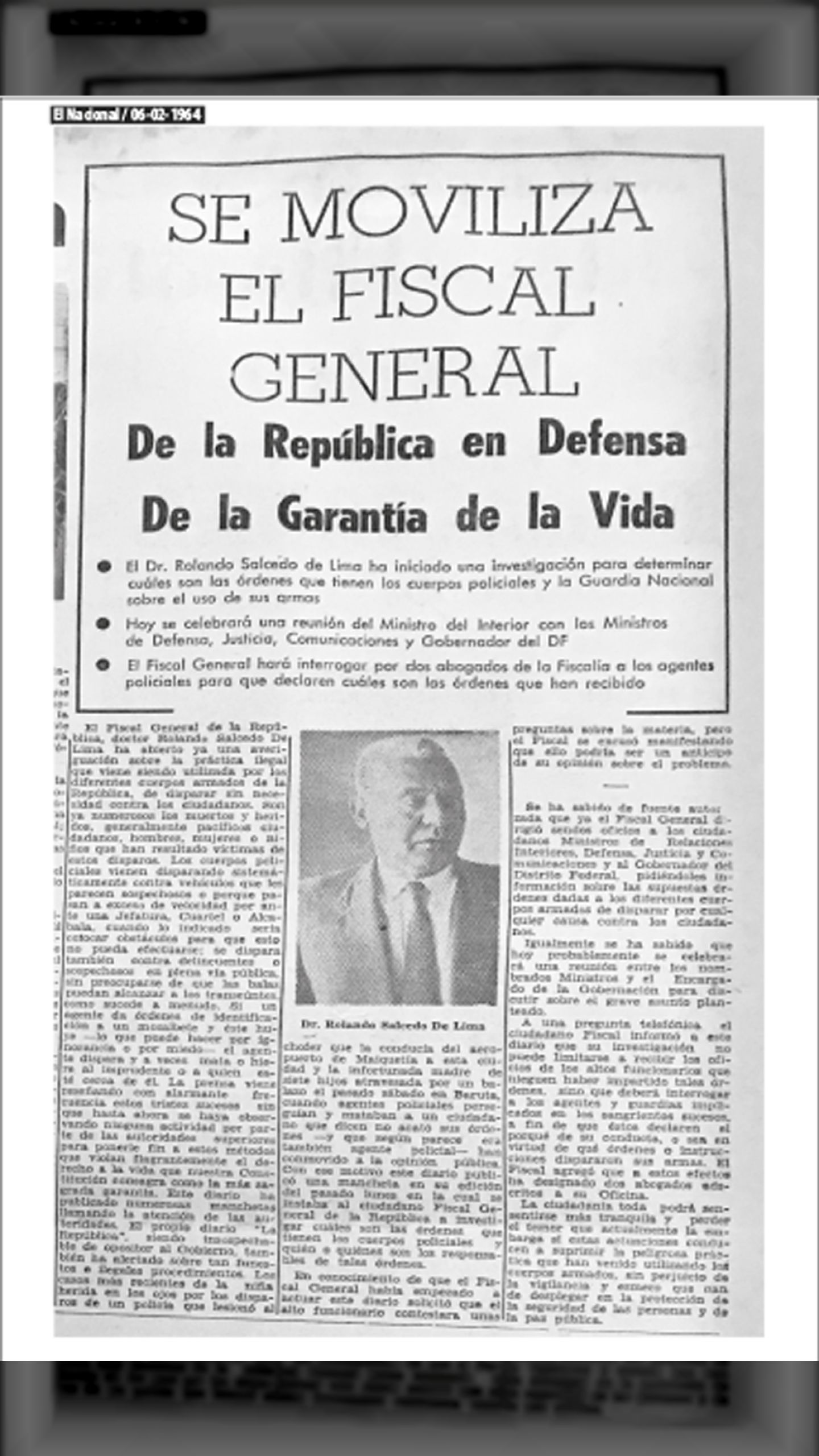 EL FISCAL EN DEFENSA DE LA GARANTÍA A LA VIDA (El Nacional, 6 de febrero de 1964)