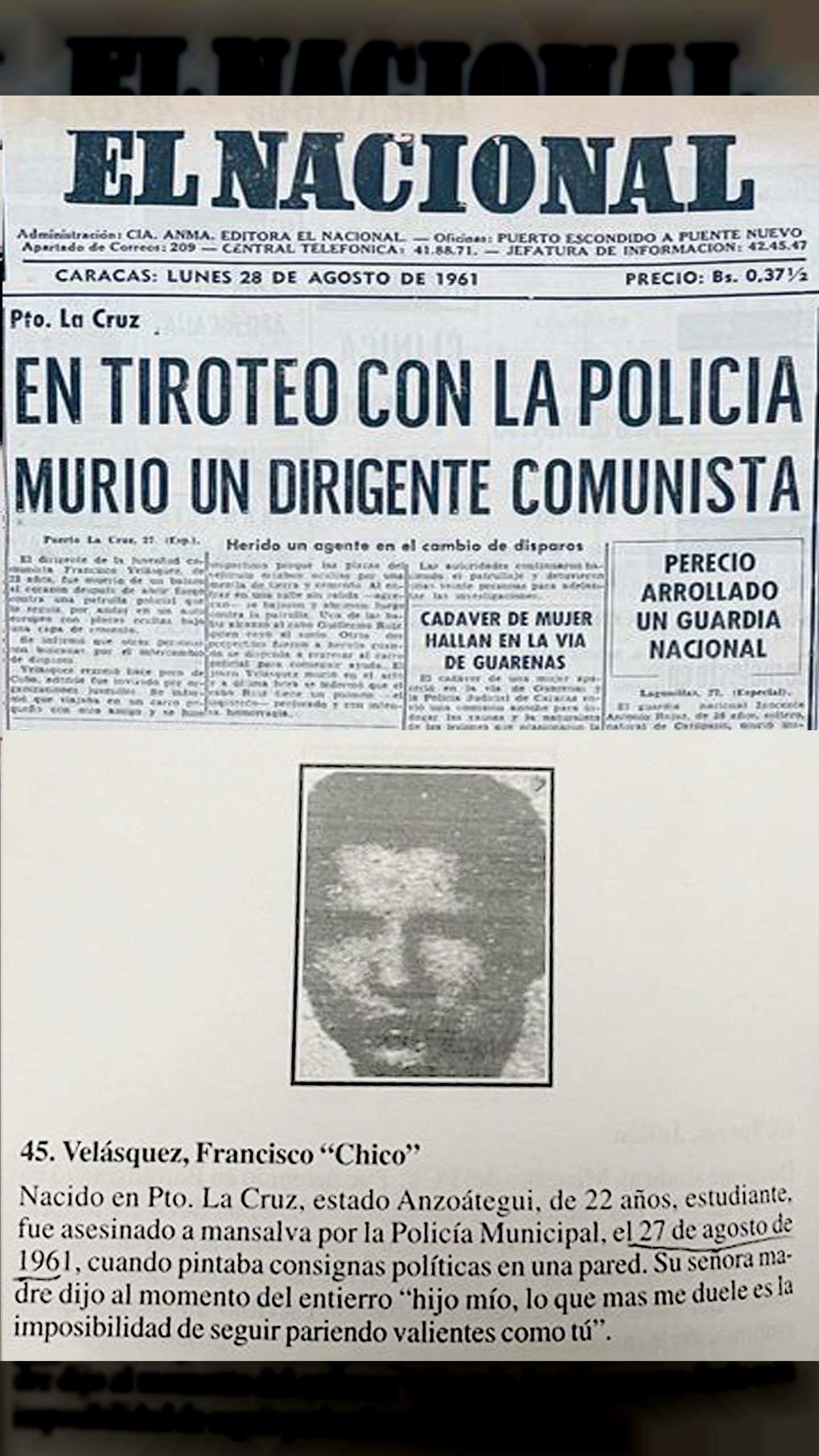 EN TIROTEO CON LA POLICIA MURIÓ UN DIRIGENTE COMUNISTA (EL NACIONAL, 28 DE AGOSTO 1961)