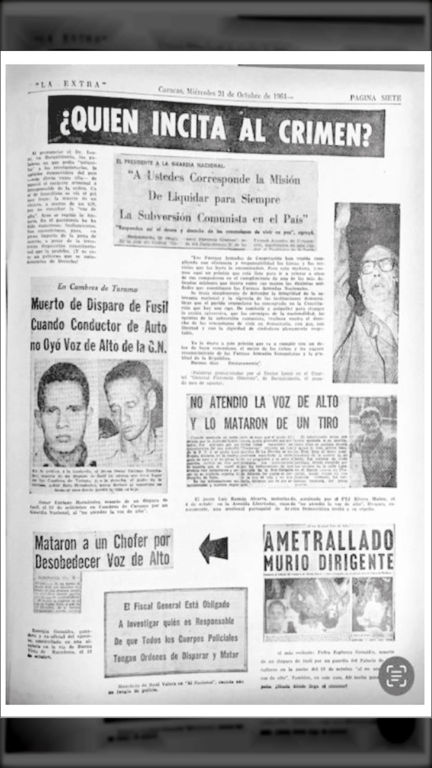 ¿QUIEN INCITA AL CRIMEN? Leoni ordena liquidar la subversión comunista para siempre (LA EXTRA, 21 DE OCTUBRE 1964)