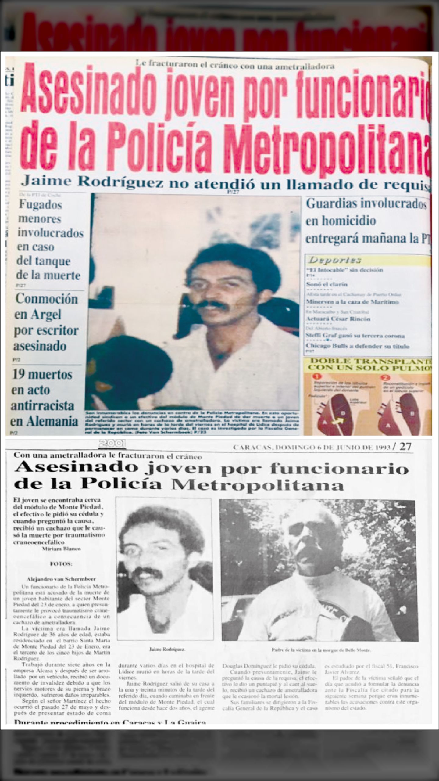 JAIME RODRÍGUEZ: OTRA VÍCTIMA DE LA POLI- LEDEZMA (Diario 2001, 06 de junio 1993)