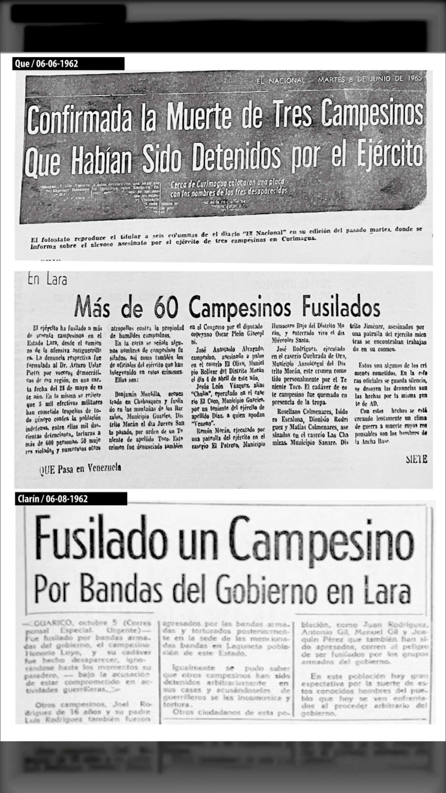 Fusilado un Campesino Por Bandas del Gobierno + otras masacres en el edo. Lara (CLARÍN, 6 de junio 1962)